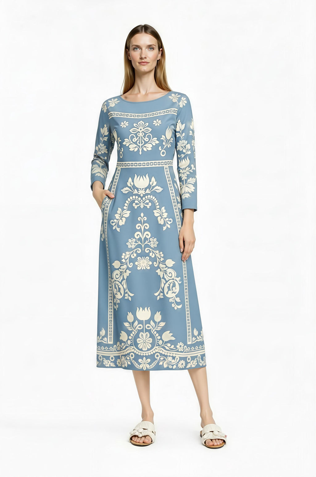 Light Blue Folk Floral Midi Dress, Vintage Style Long Sleeve Boho Elegance __etsy:7968680469