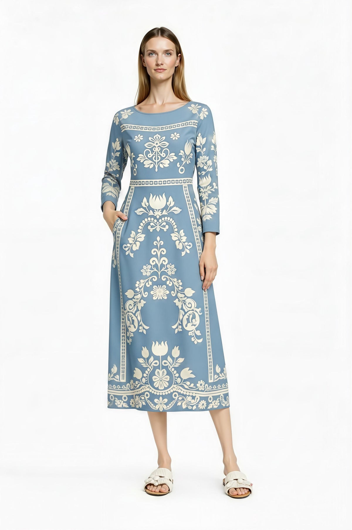 Light Blue Folk Floral Midi Dress, Vintage Style Long Sleeve Boho Elegance __etsy:7968680469
