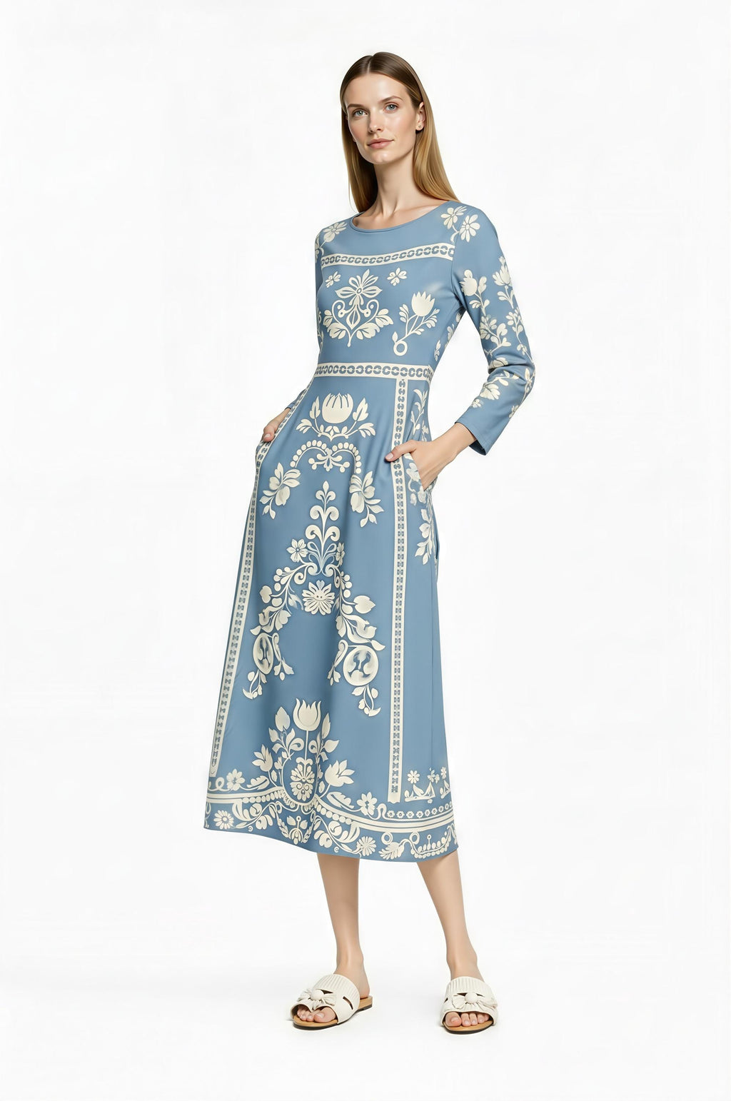 Light Blue Folk Floral Midi Dress, Vintage Style Long Sleeve Boho Elegance __etsy:7968680475