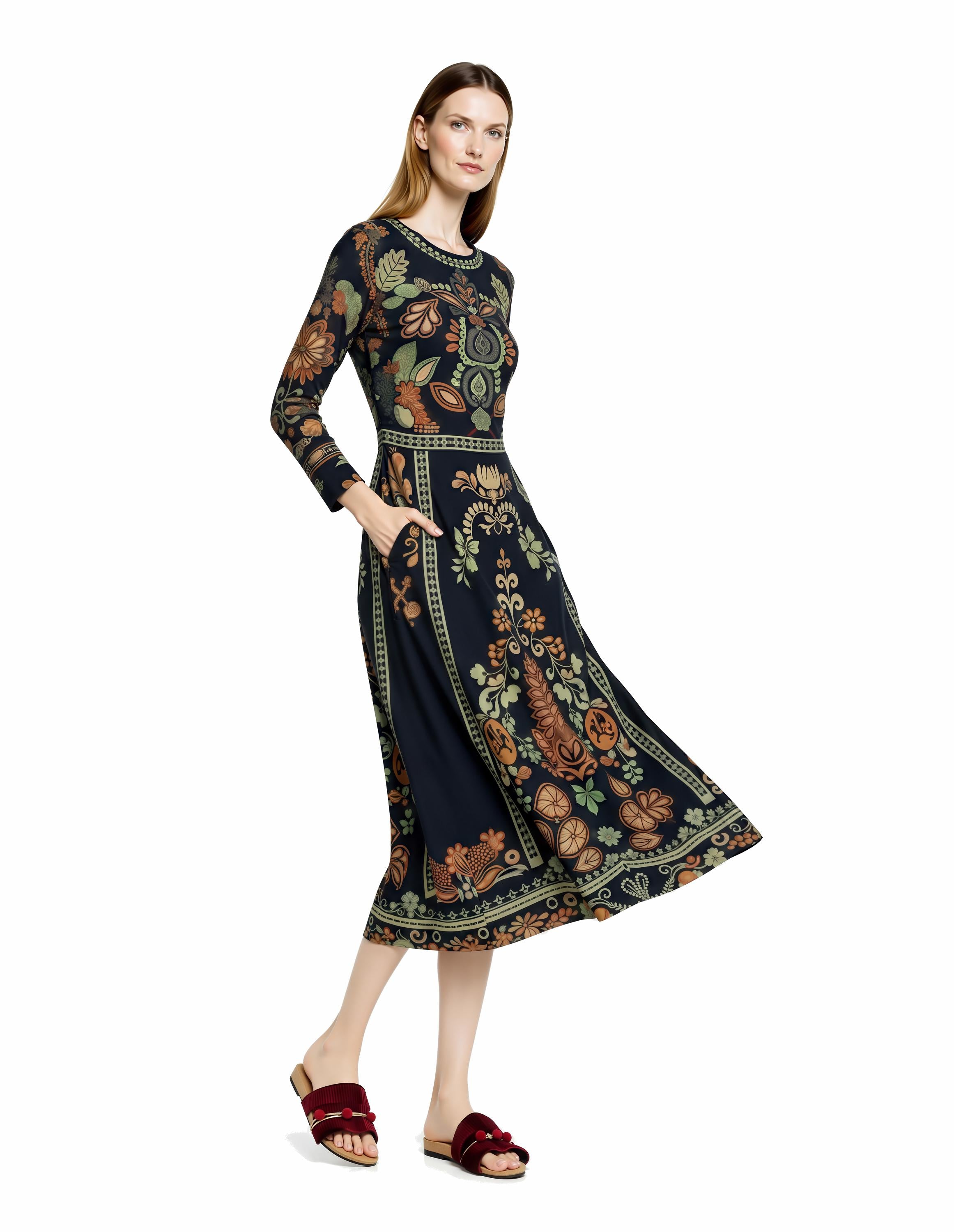 May include: A long-sleeved, navy blue dress with a floral and leaf pattern in shades of orange, green, and brown. The dress has a round neckline, fitted waist, and pockets. The model is wearing burgundy sandals. __etsy:7972532309