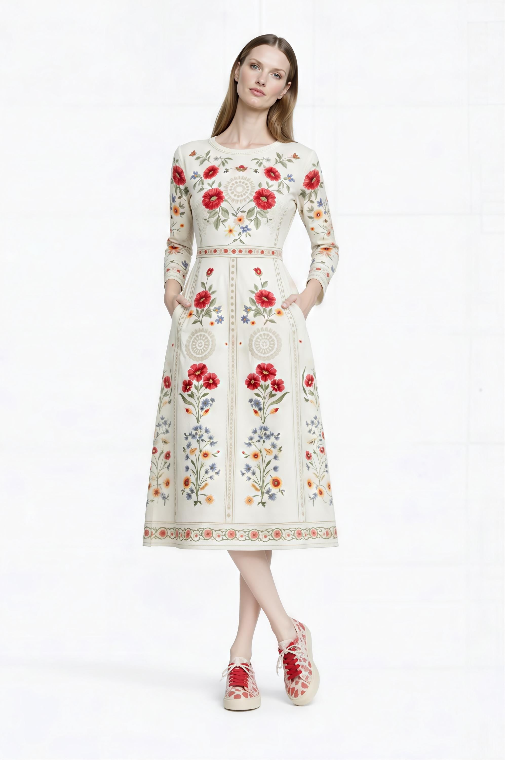 May include: A cream-colored, long-sleeved dress with a floral pattern featuring red and blue flowers. The dress has a round neckline, pockets, and a fitted waist. The model is wearing red and white patterned sneakers. __etsy:7972540903
