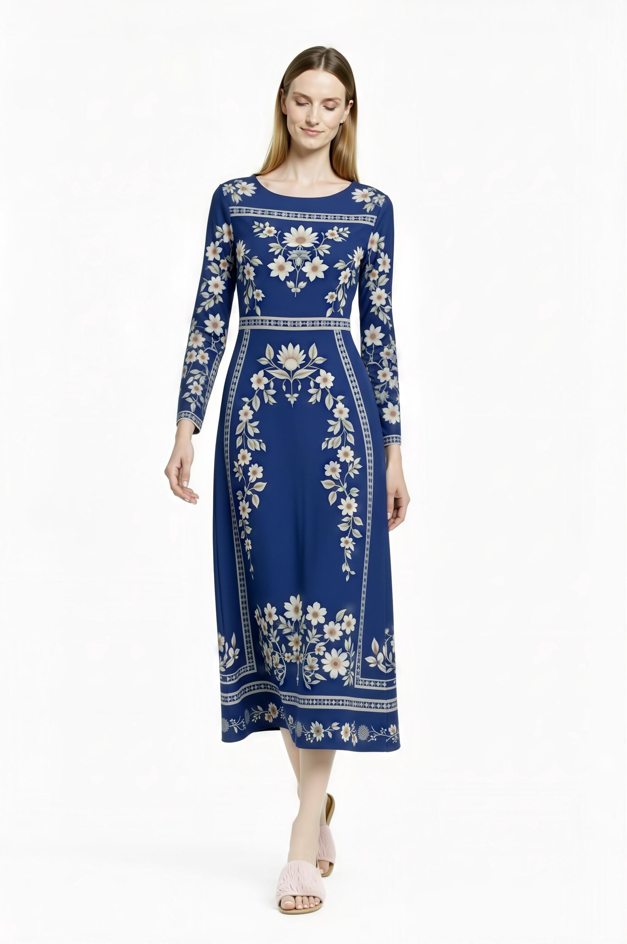 May include: A long-sleeved, midi-length dress in a deep blue hue. The dress features a floral pattern in white and beige, with the design concentrated on the bodice, sleeves, and hem. The dress has a round neckline. __etsy:7972543509