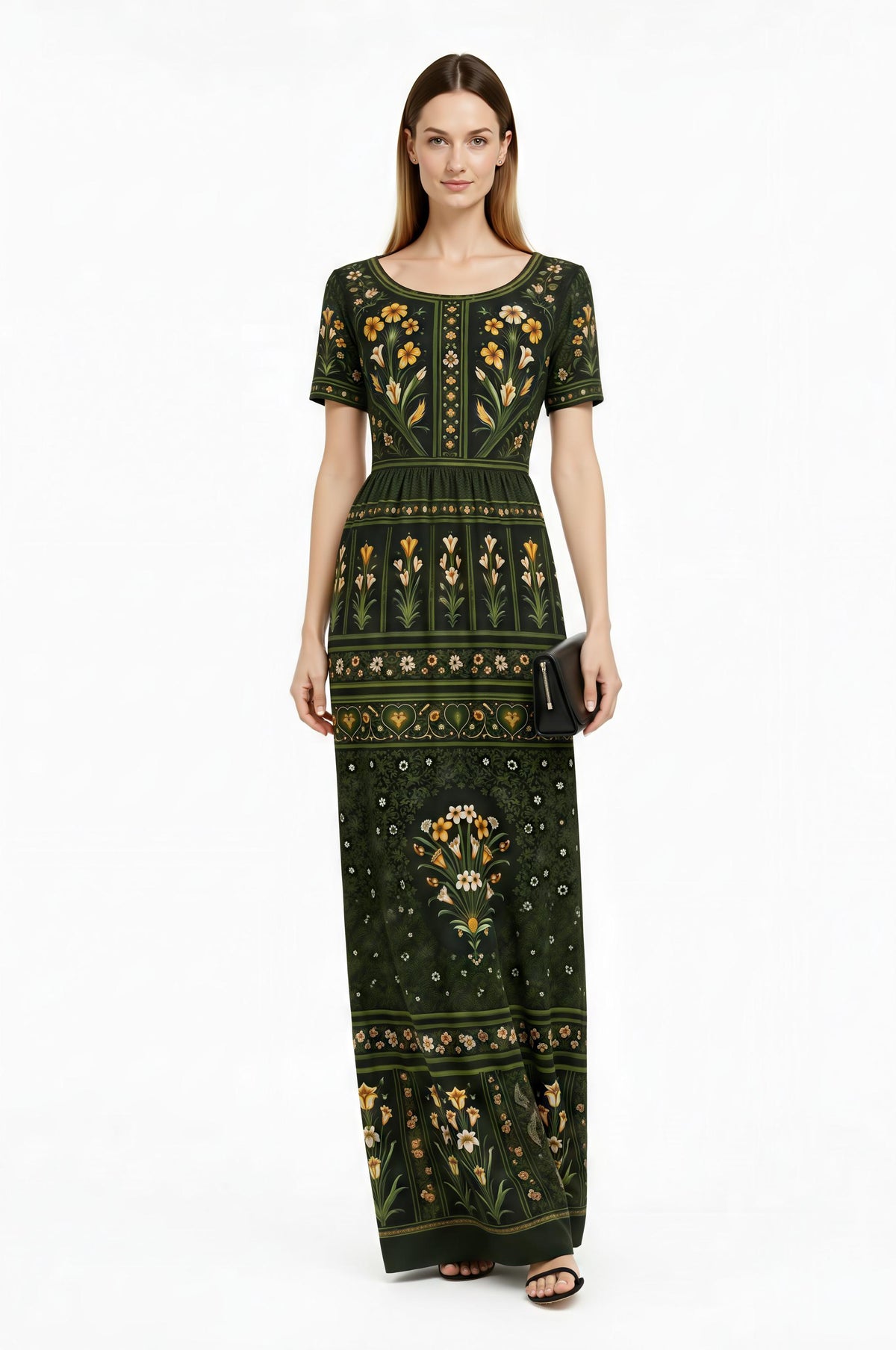 Green Floral Maxi Dress, Vintage Inspired Botanical Print, Woven Stretch Fabric
