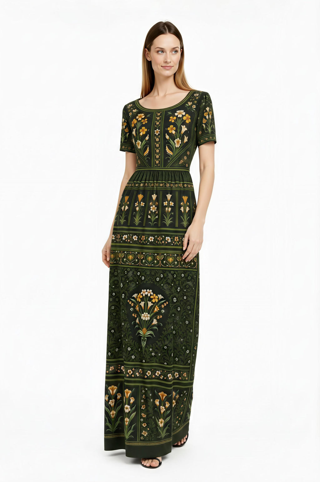 Green Floral Maxi Dress, Vintage Inspired Botanical Print, Woven Stretch Fabric