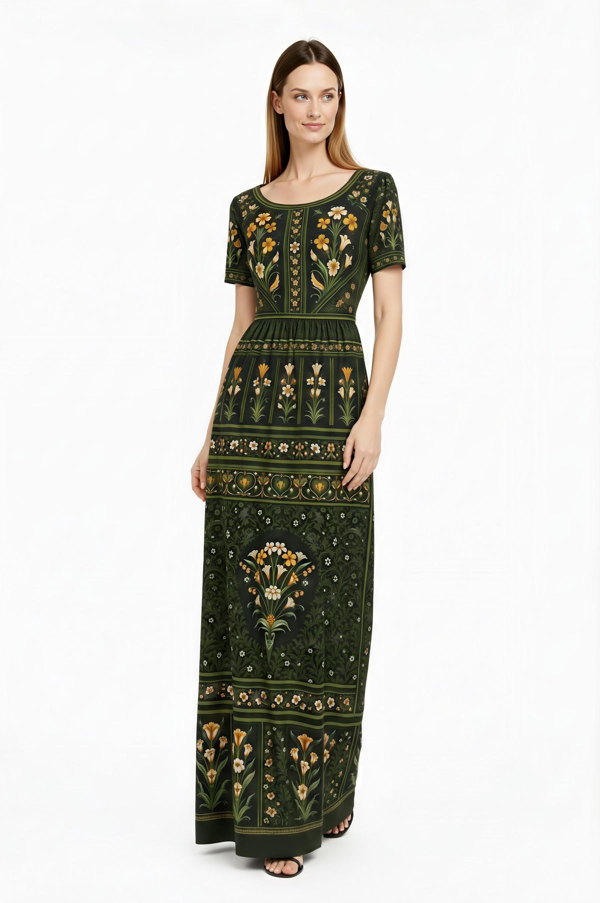 Green Floral Maxi Dress, Vintage Inspired Botanical Print, Woven Stretch Fabric