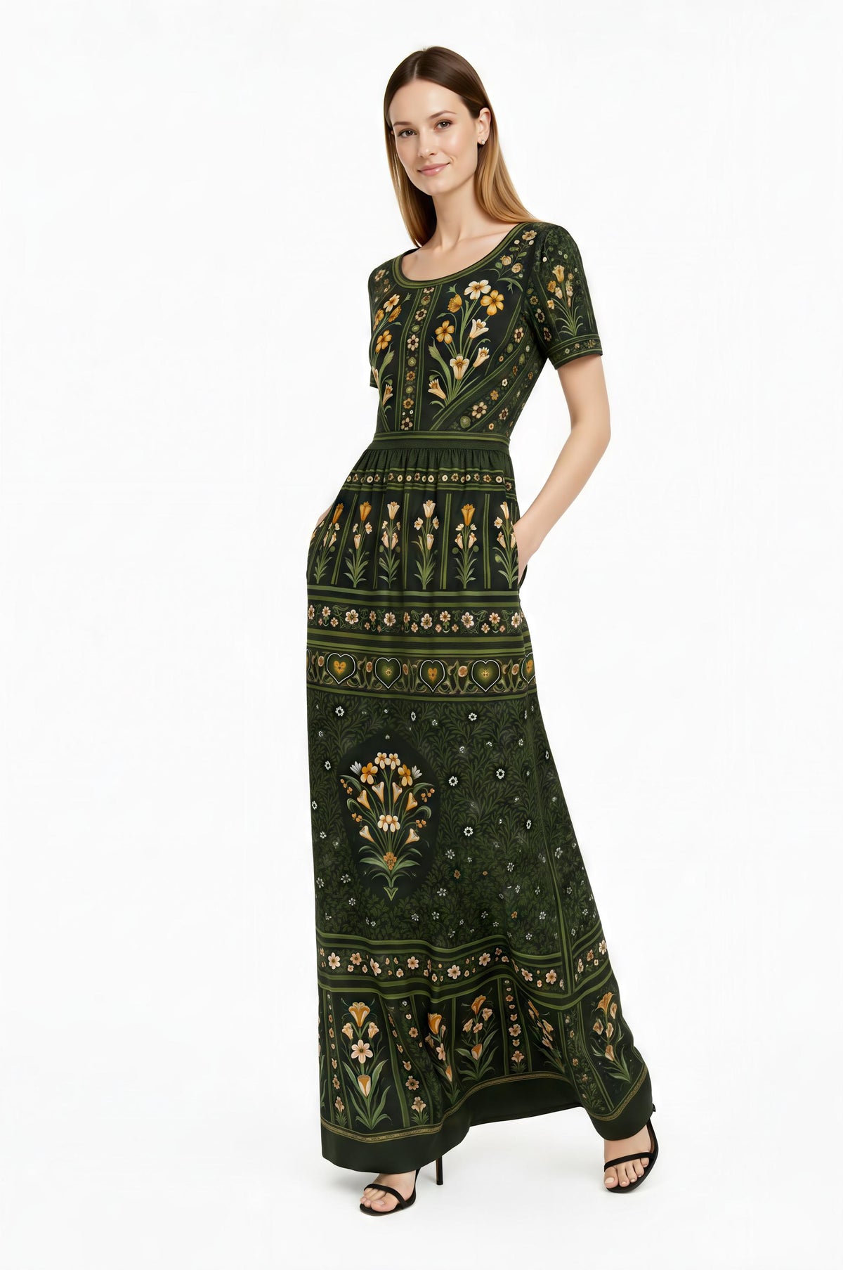 Green Floral Maxi Dress, Vintage Inspired Botanical Print, Woven Stretch Fabric