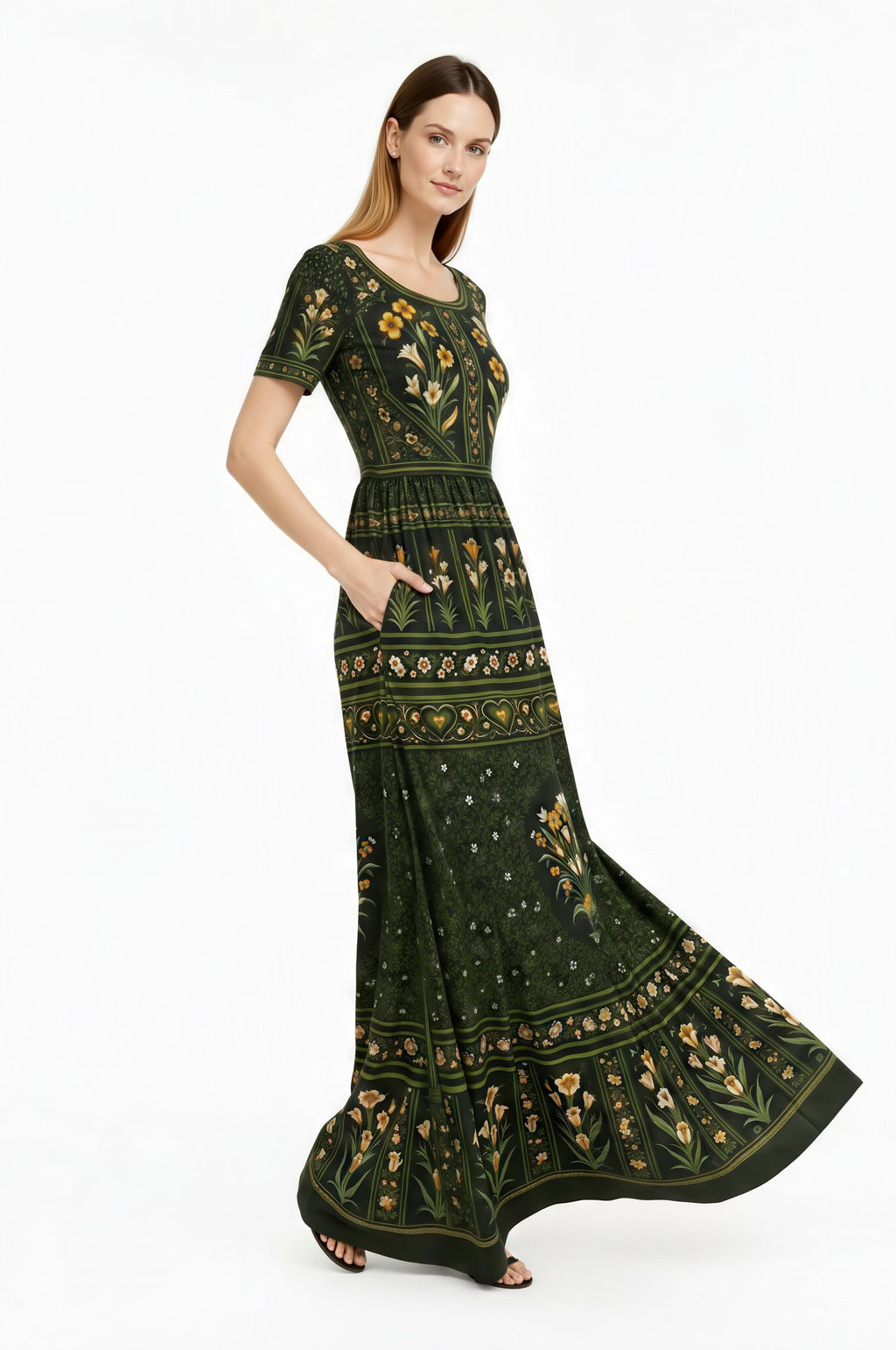 Green Floral Maxi Dress, Vintage Inspired Botanical Print, Woven Stretch Fabric
