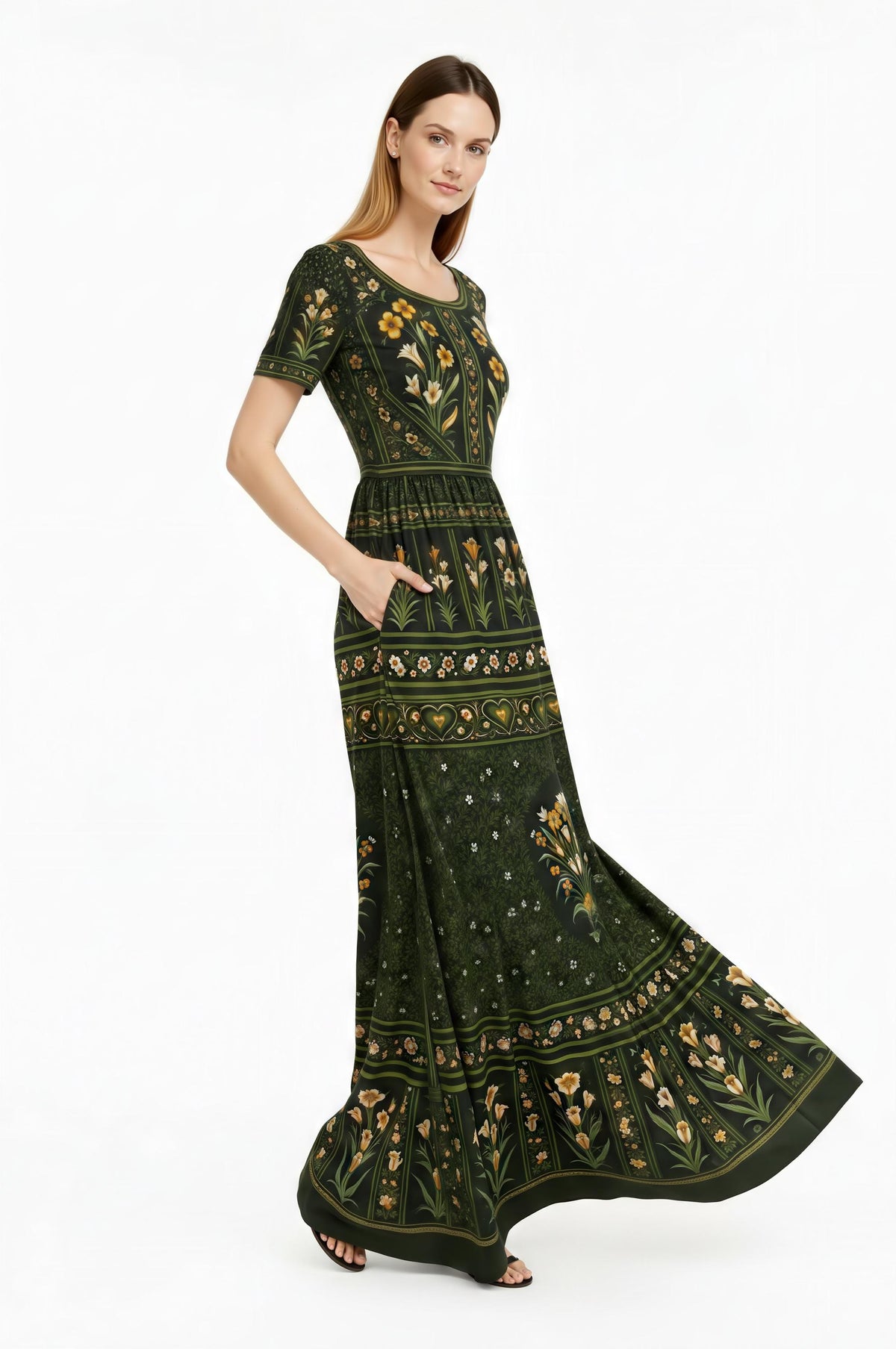 Green Floral Maxi Dress, Vintage Inspired Botanical Print, Woven Stretch Fabric
