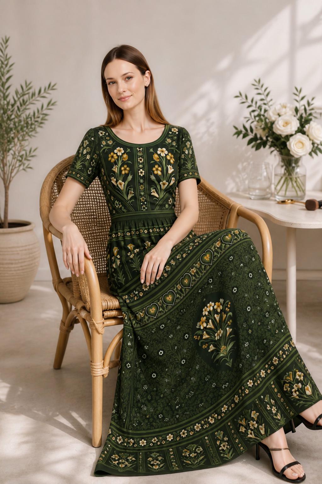 Green Floral Maxi Dress, Vintage Inspired Botanical Print, Woven Stretch Fabric