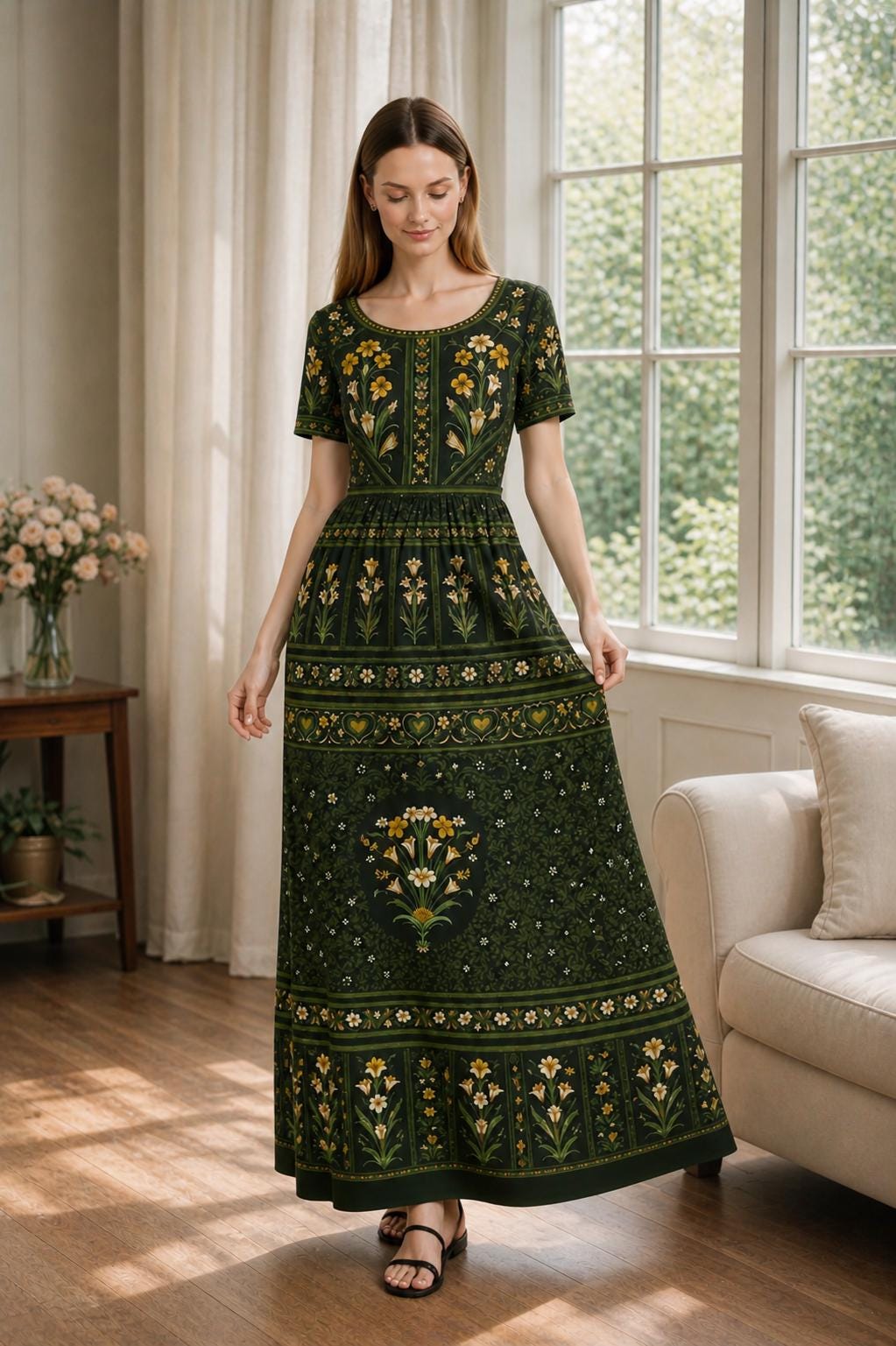 Green Floral Maxi Dress, Vintage Inspired Botanical Print, Woven Stretch Fabric