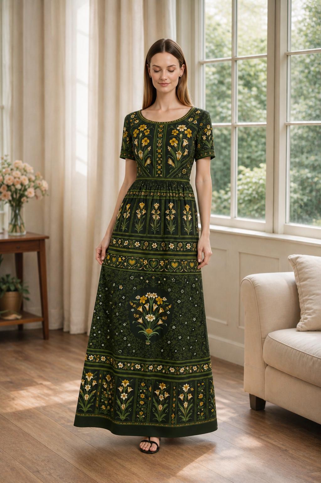 Green Floral Maxi Dress, Vintage Inspired Botanical Print, Woven Stretch Fabric