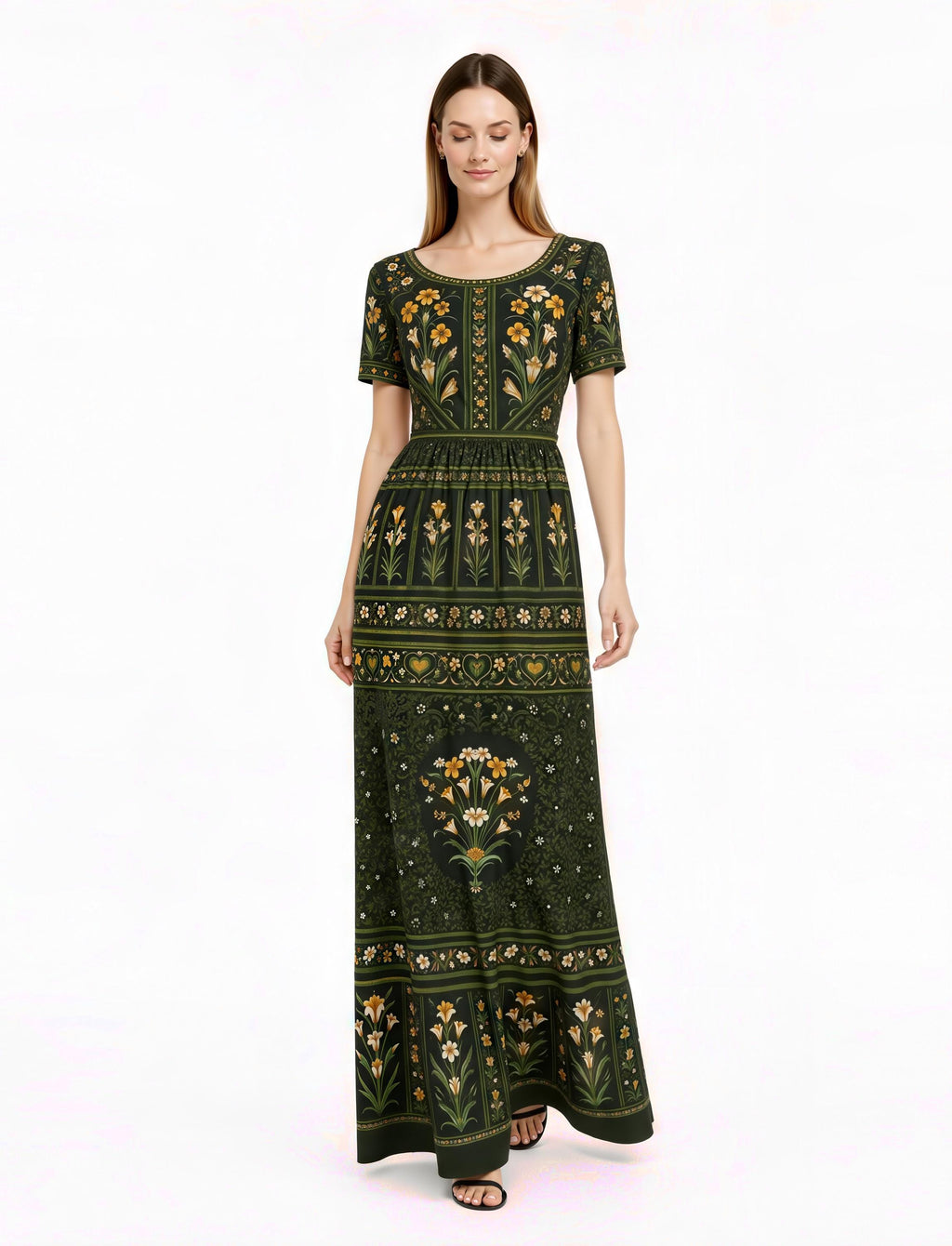 Green Floral Maxi Dress, Vintage Inspired Botanical Print, Woven Stretch Fabric