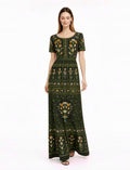 Green Floral Maxi Dress, Vintage Inspired Botanical Print, Woven Stretch Fabric