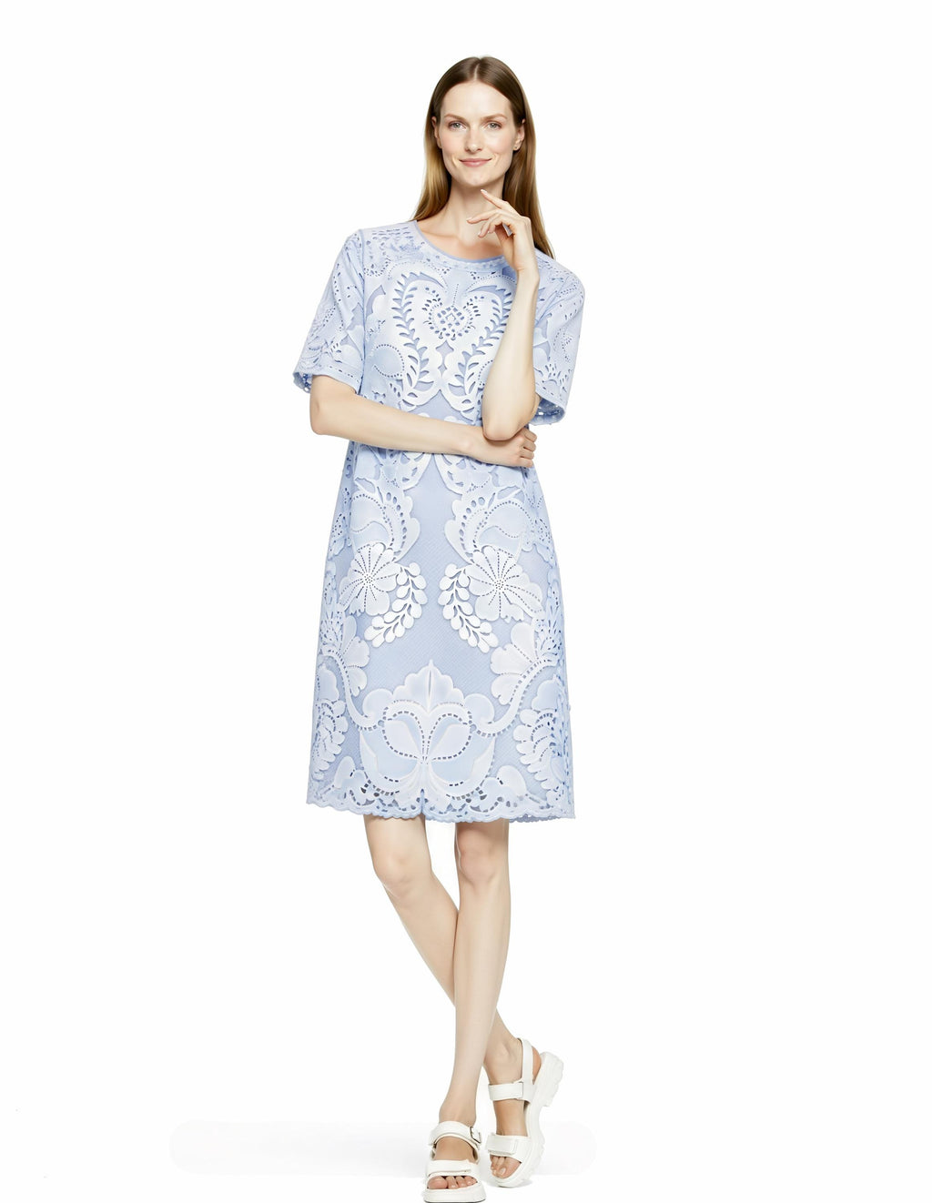 Light Blue Eyelet Print T-Shirt Dress, Lace Look Shift, Summer Casual Feminine Styling __etsy:7973335000