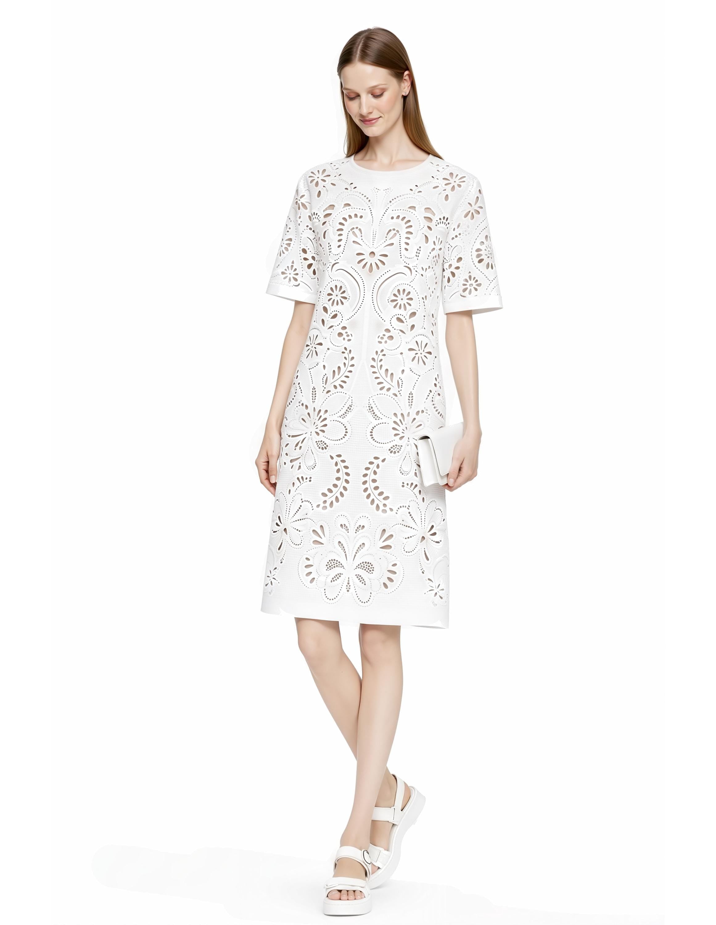 Ivory Eyelet Print T-Shirt Dress, Lace-Look Mini Shift, Summer Feminine白 Dress __etsy:7973353448