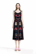 Black Floral Midi Dress, Romantic Folk Print Sleeveless Bohemian Style __etsy:7973394236