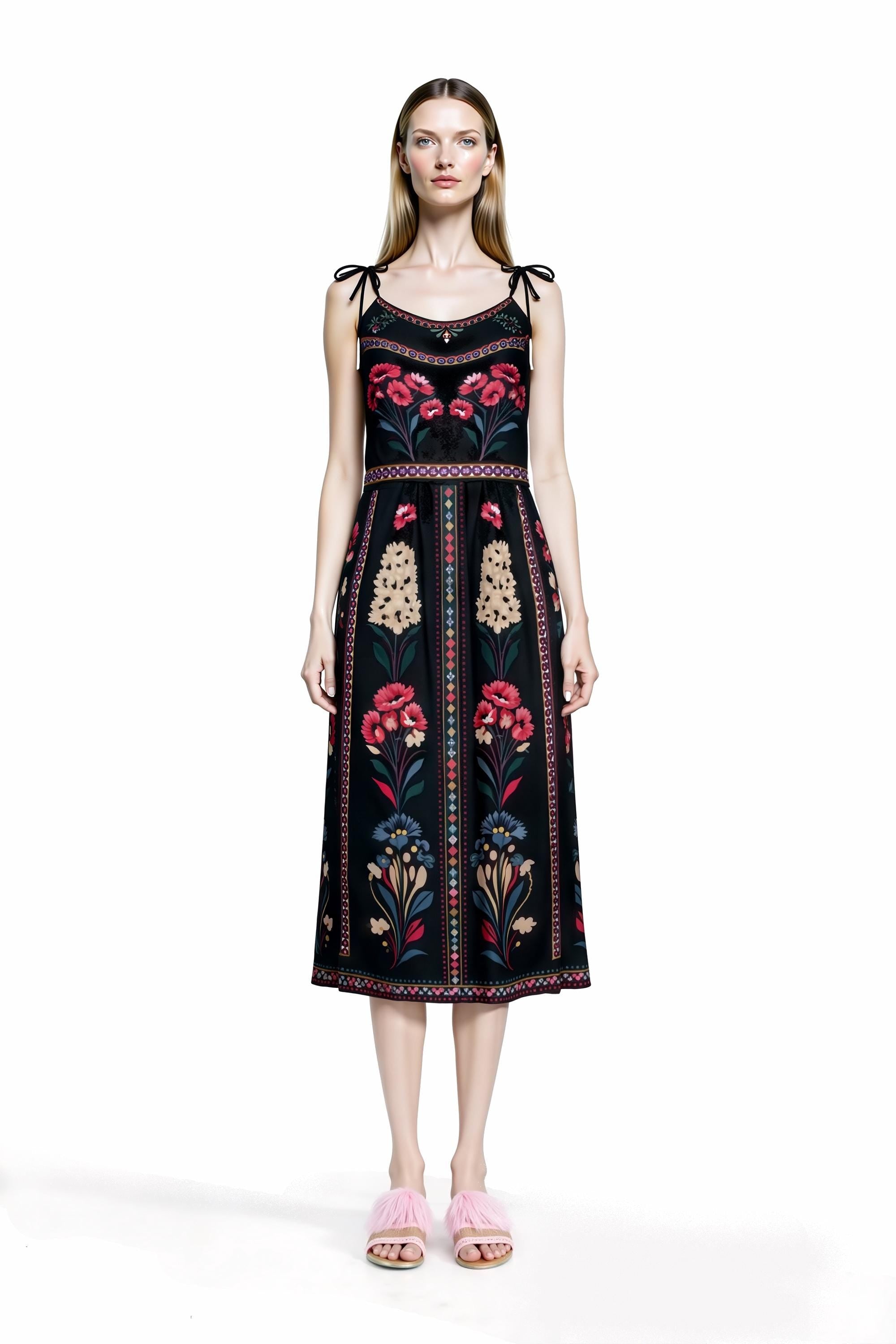 Black Floral Midi Dress, Romantic Folk Print Sleeveless Bohemian Style __etsy:7973394236