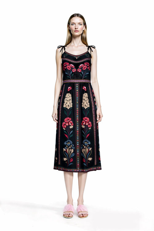 Black Floral Midi Dress, Romantic Folk Print Sleeveless Bohemian Style __etsy:7973394236