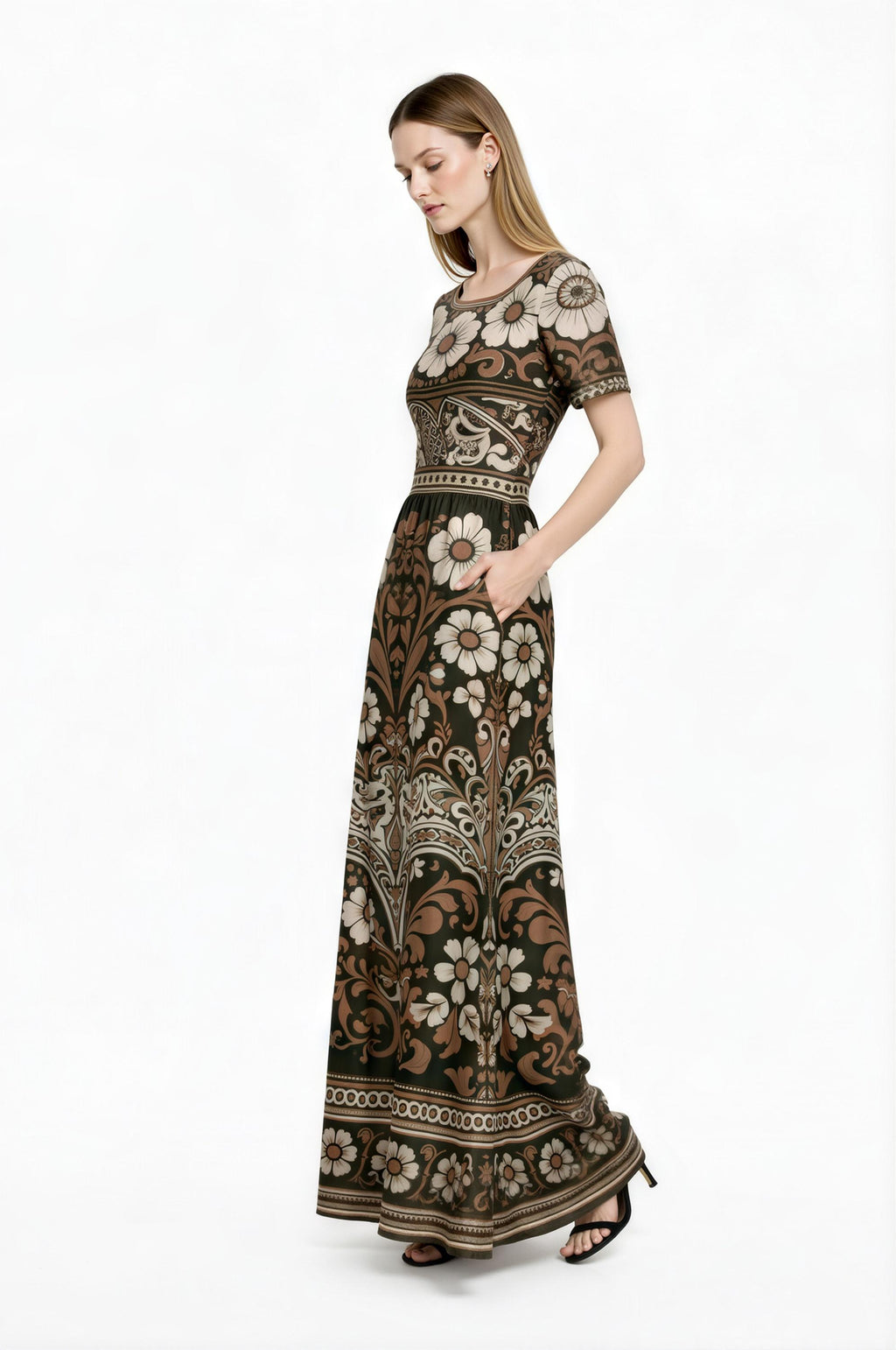 Floral Maxi Dress, Boho Vintage Long Dress, Brown Ivory Summer Outfit __etsy:7974402169