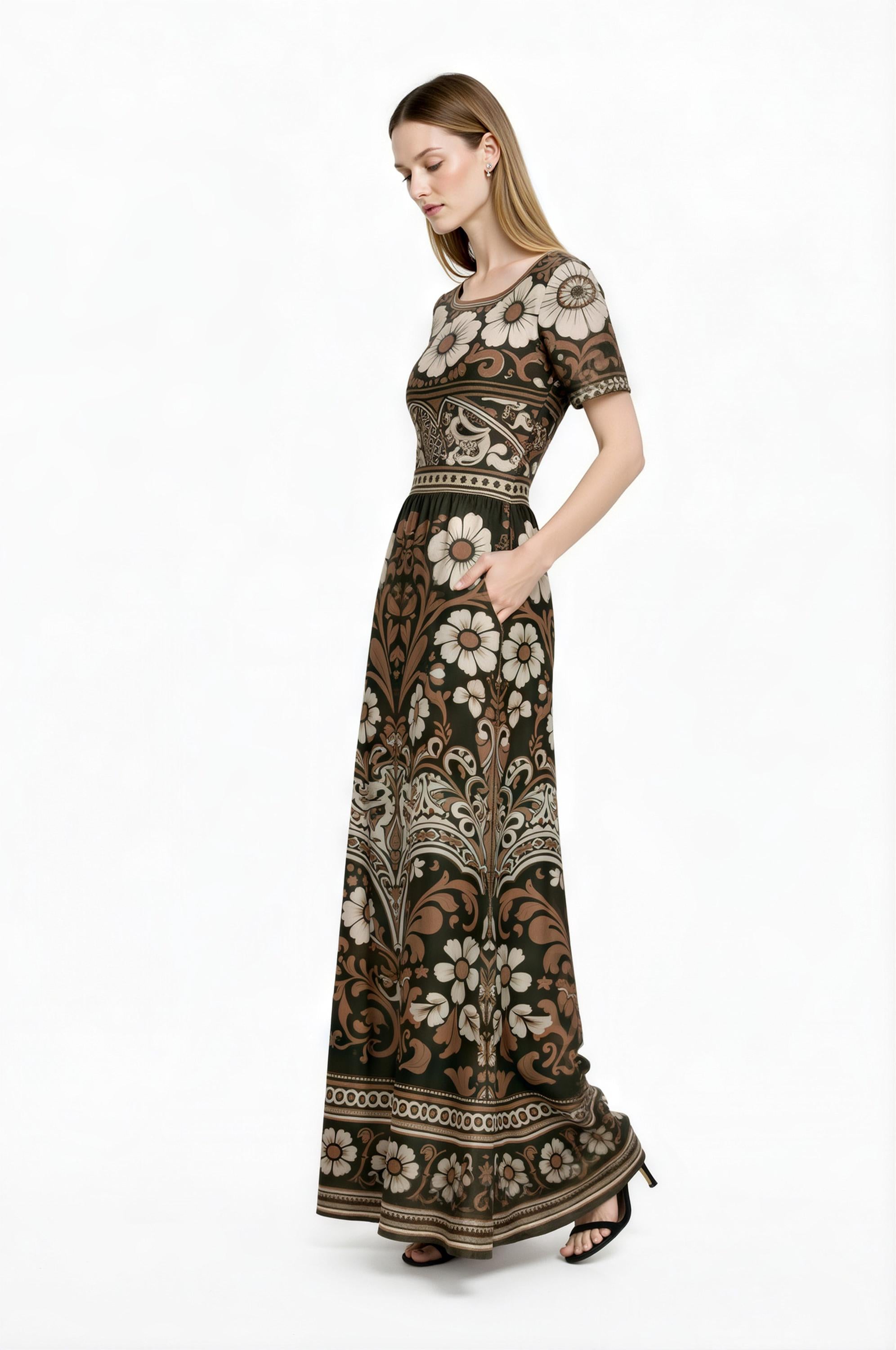 Floral Maxi Dress, Boho Vintage Long Dress, Brown Ivory Summer Outfit __etsy:7974402169