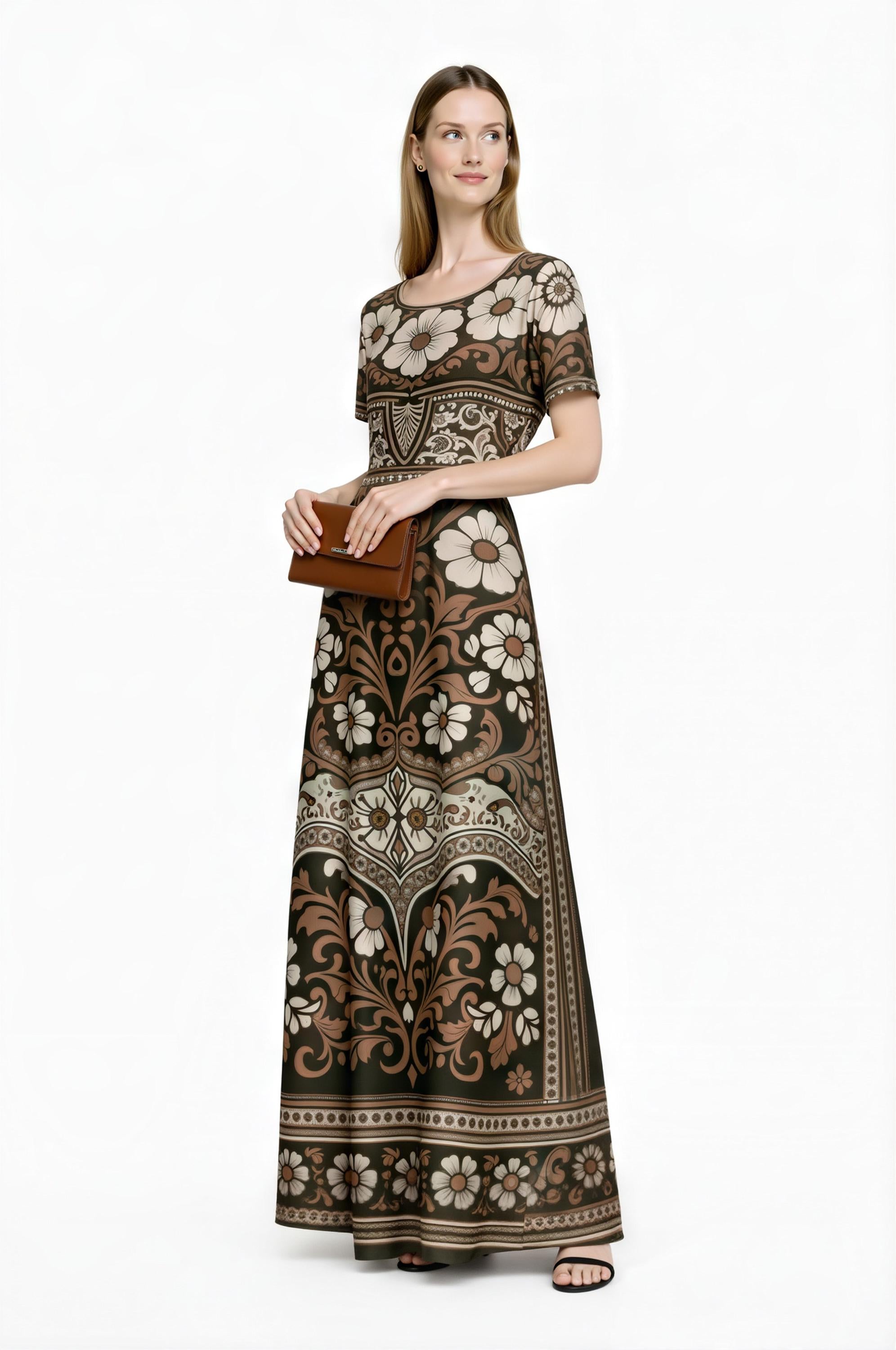 Floral Maxi Dress, Boho Vintage Long Dress, Brown Ivory Summer Outfit __etsy:7974402223
