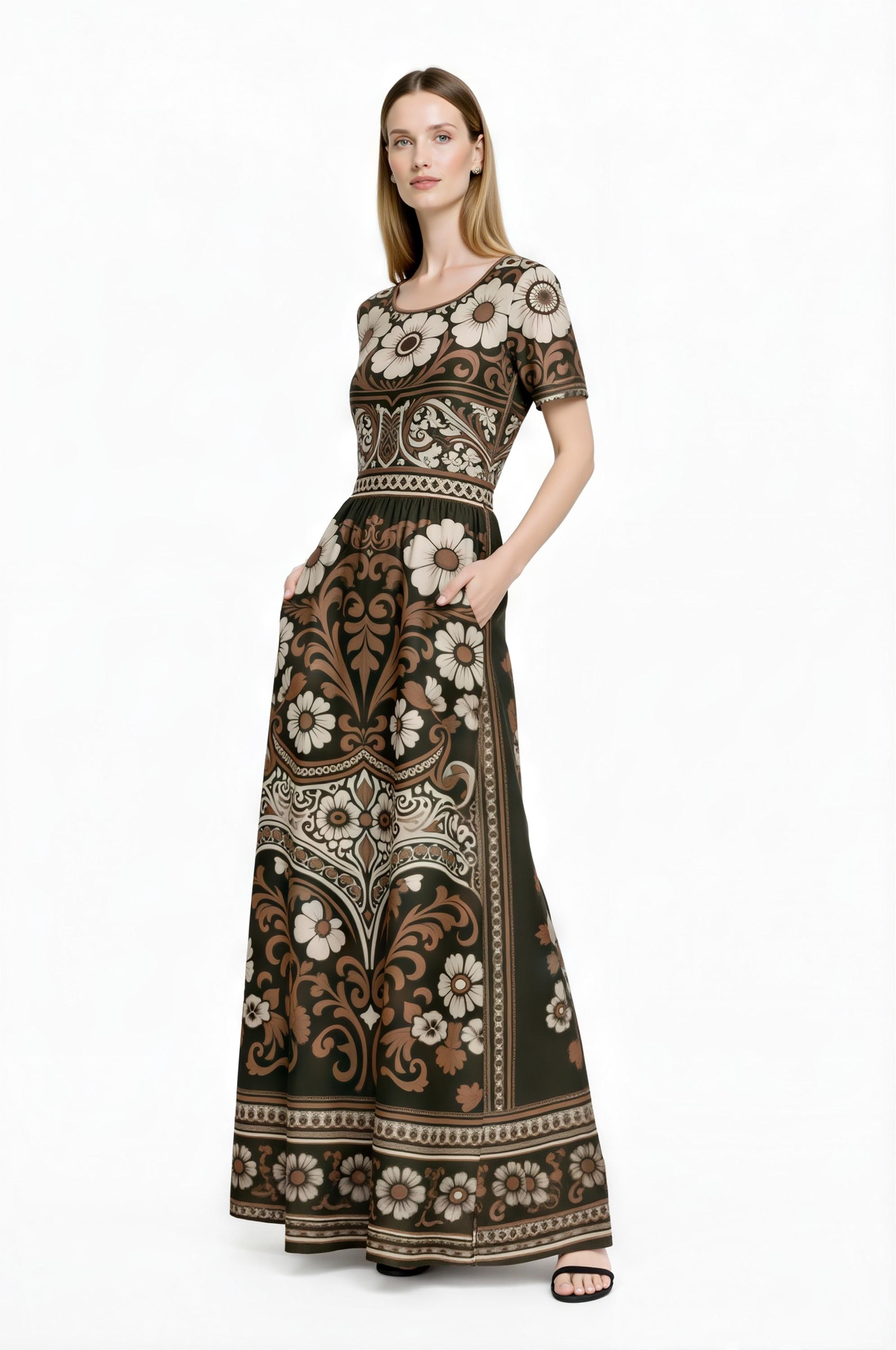 Floral Maxi Dress, Boho Vintage Long Dress, Brown Ivory Summer Outfit __etsy:7974402225