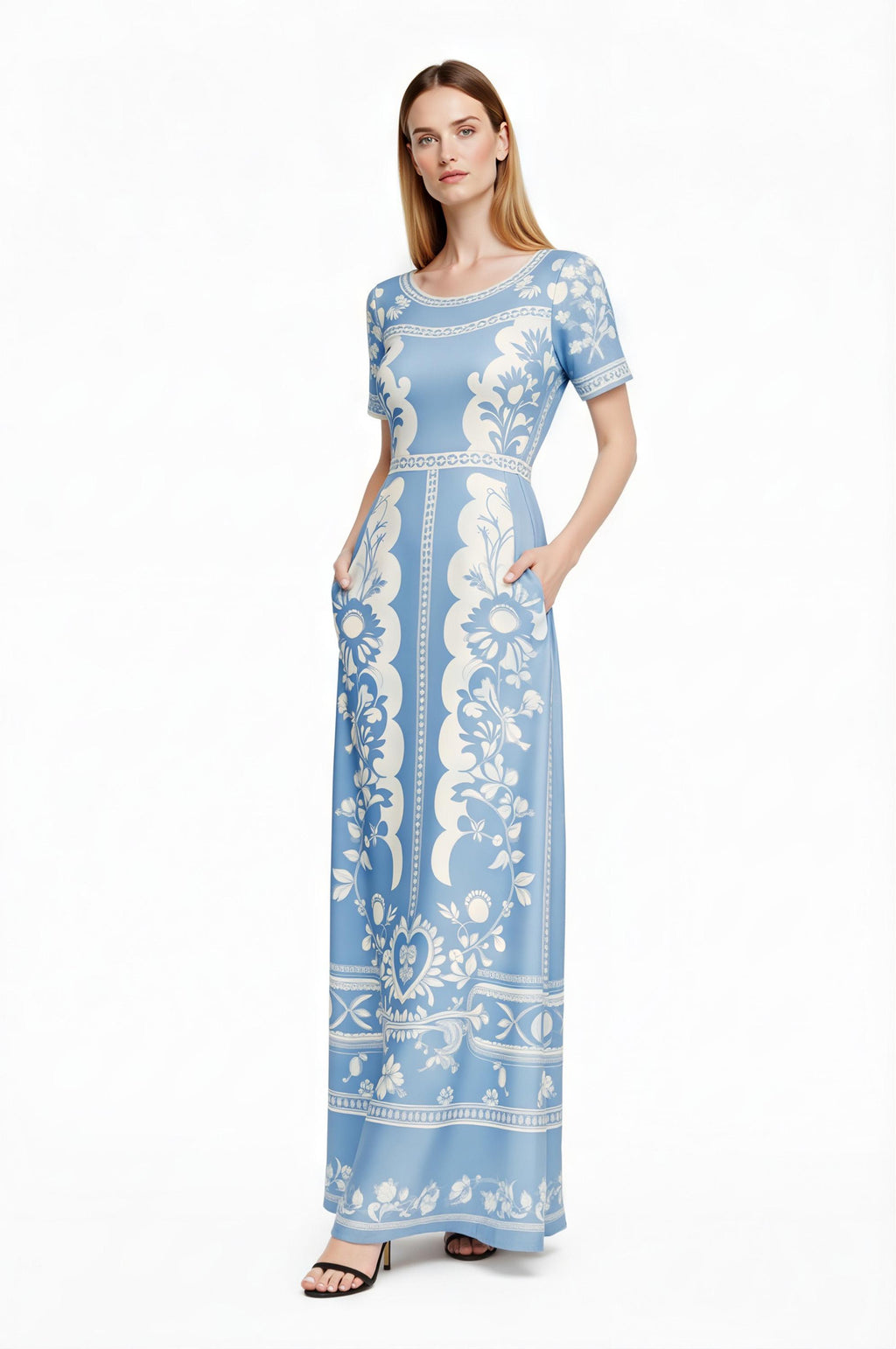 Floral Maxi Dress, Blue White Vintage Dress, European Style Long Summer Outfit __etsy:7974459711