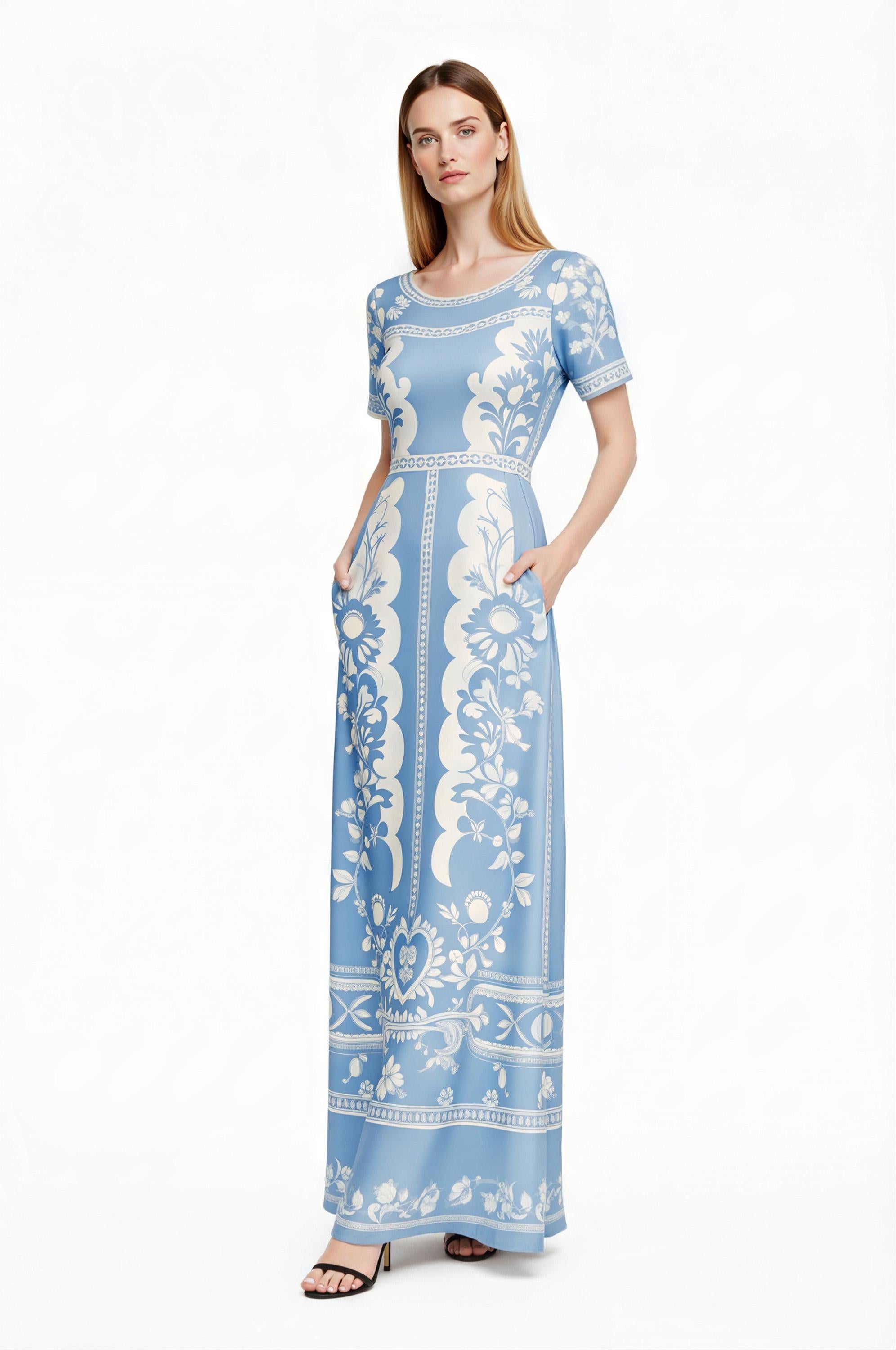 Floral Maxi Dress, Blue White Vintage Dress, European Style Long Summer Outfit __etsy:7974459711