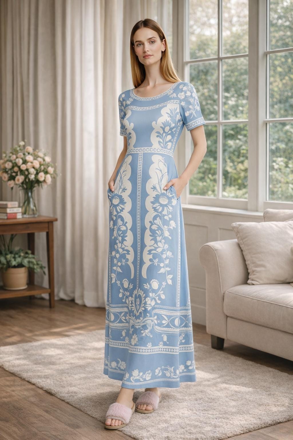 Floral Maxi Dress, Blue White Vintage Dress, European Style Long Summer Outfit __etsy:7974498843