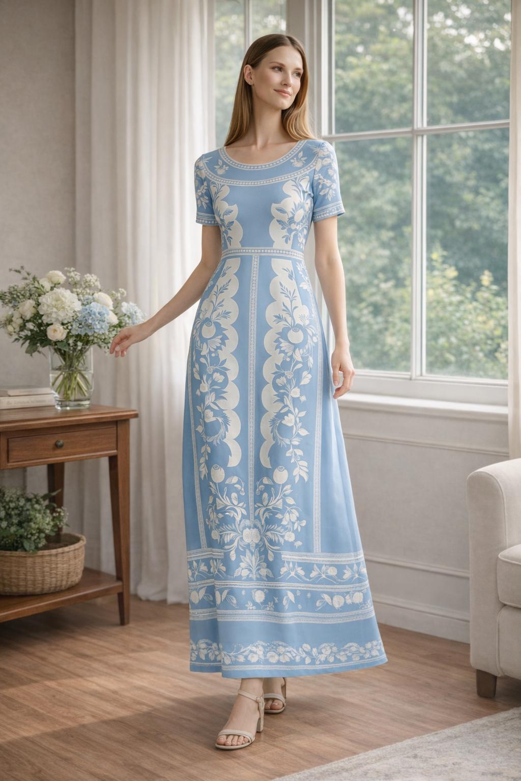 Floral Maxi Dress, Blue White Vintage Dress, European Style Long Summer Outfit __etsy:7974499237