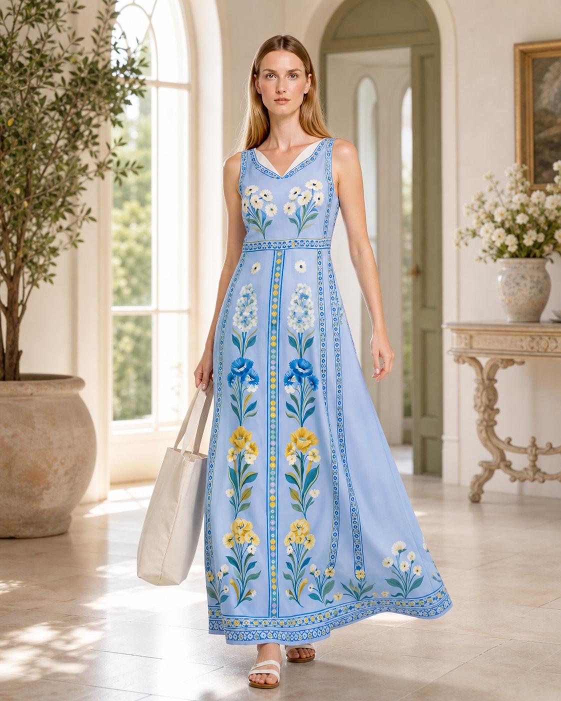 Blue Floral Maxi Dress, Sleeveless Boho Summer Resort Wear