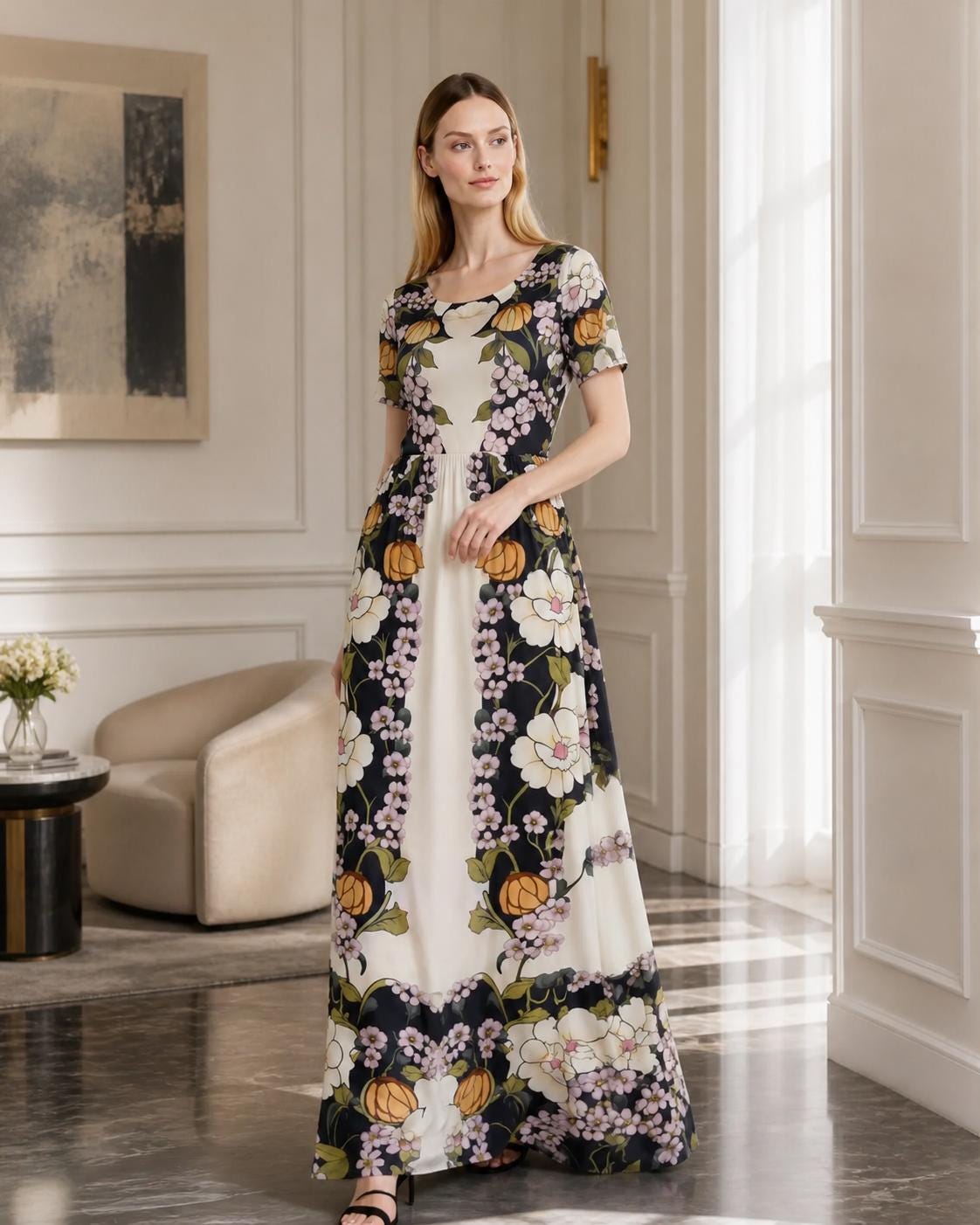Vintage Floral Placement Print Maxi Dress, Ivory Black Elegant Long Dress __etsy:7977177714