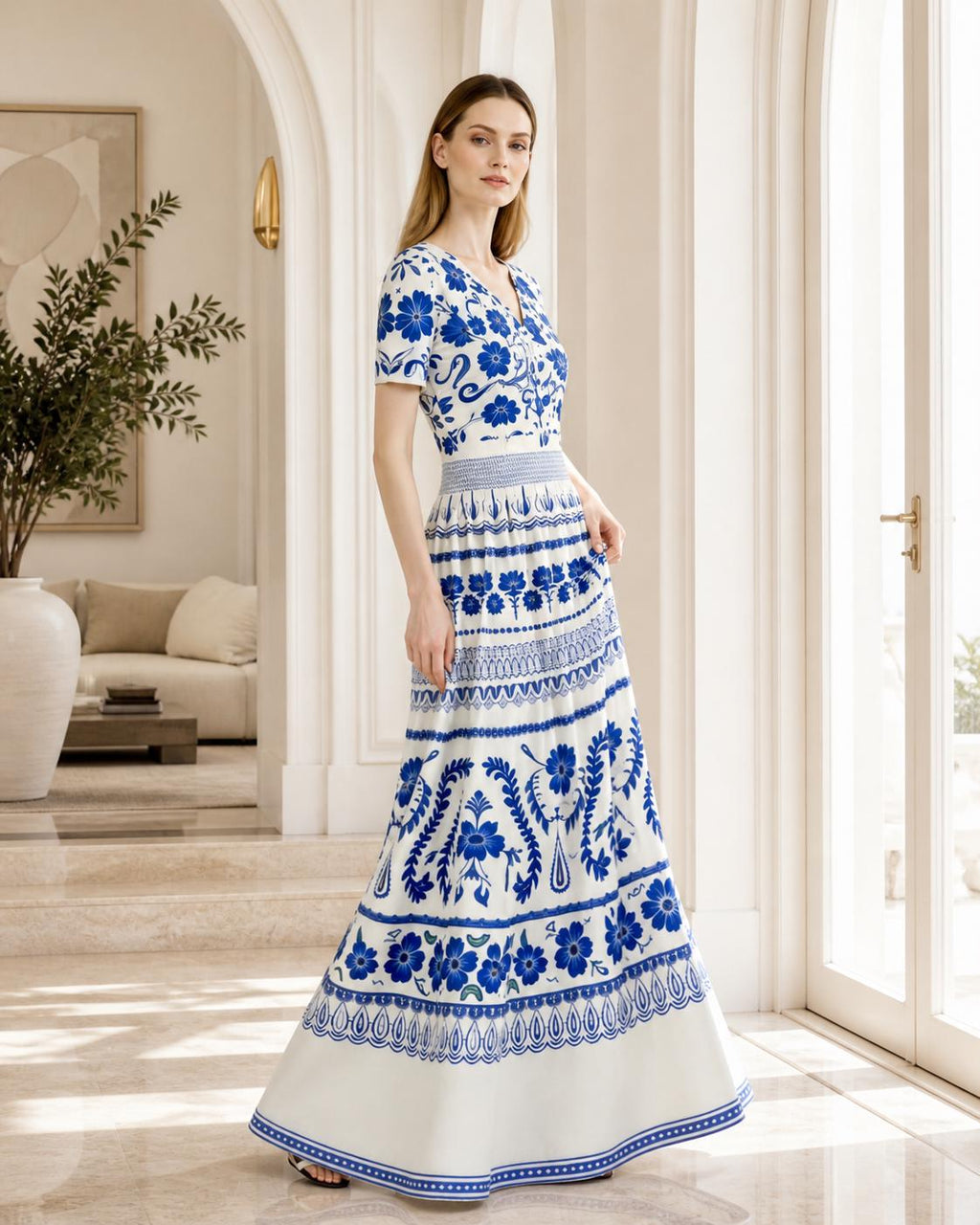Blue Floral Maxi Dress, Ivory A-Line Summer Dress with Pockets __etsy:7977205738
