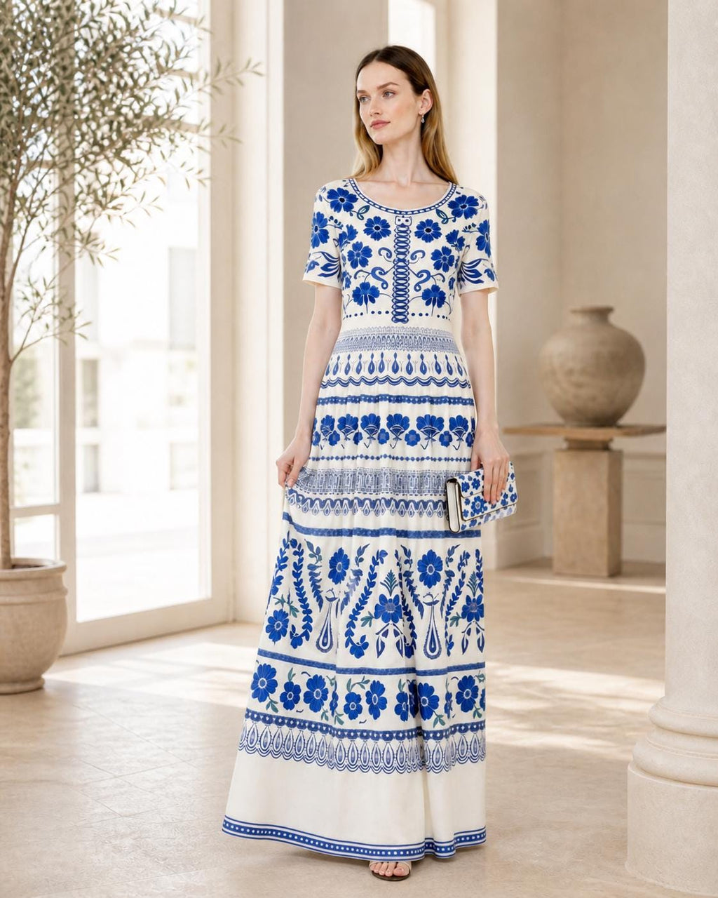 Blue Floral Maxi Dress, Ivory A-Line Summer Dress with Pockets __etsy:7977205838