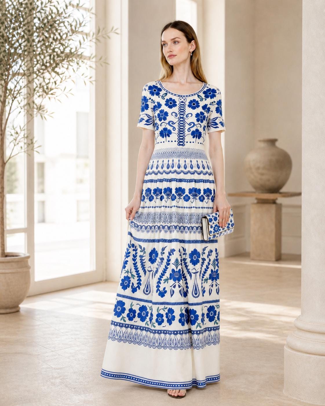 Blue Floral Maxi Dress, Ivory A-Line Summer Dress with Pockets __etsy:7977205838