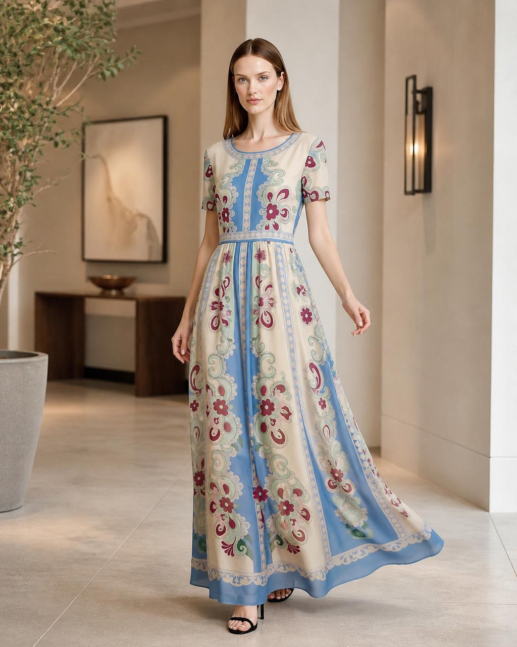 Floral Maxi Dress, Romantic Folk Print, Short Sleeve, Feminine Boutique Style __etsy:7977220838