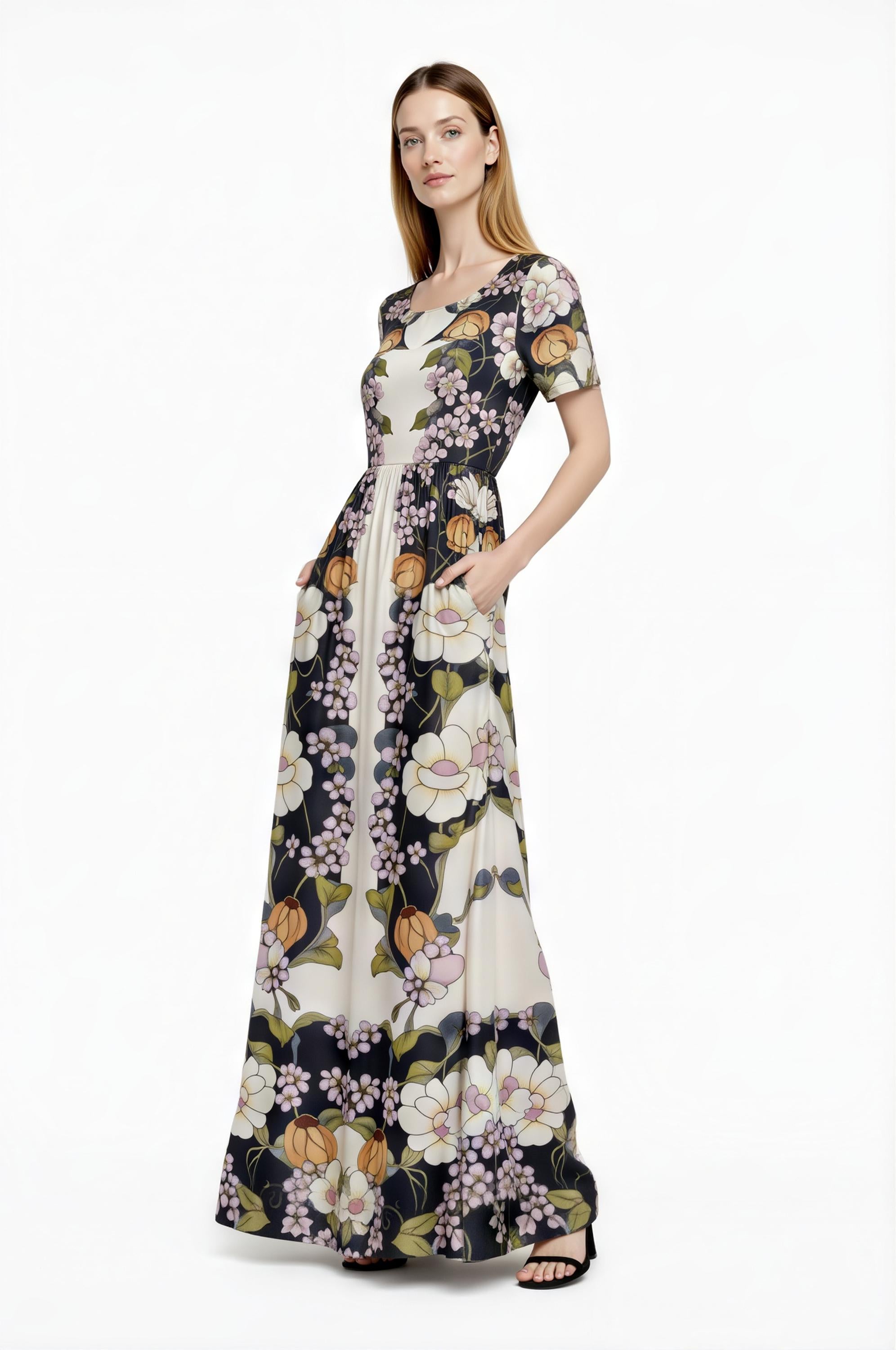 Vintage Floral Placement Print Maxi Dress, Ivory Black Elegant Long Dress __etsy:7981240185