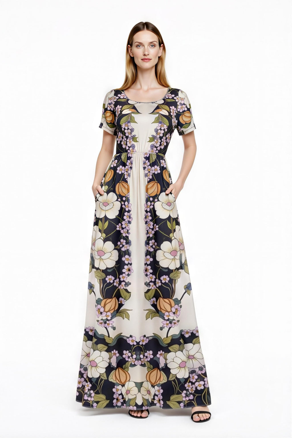 Vintage Floral Placement Print Maxi Dress, Ivory Black Elegant Long Dress __etsy:7981240189