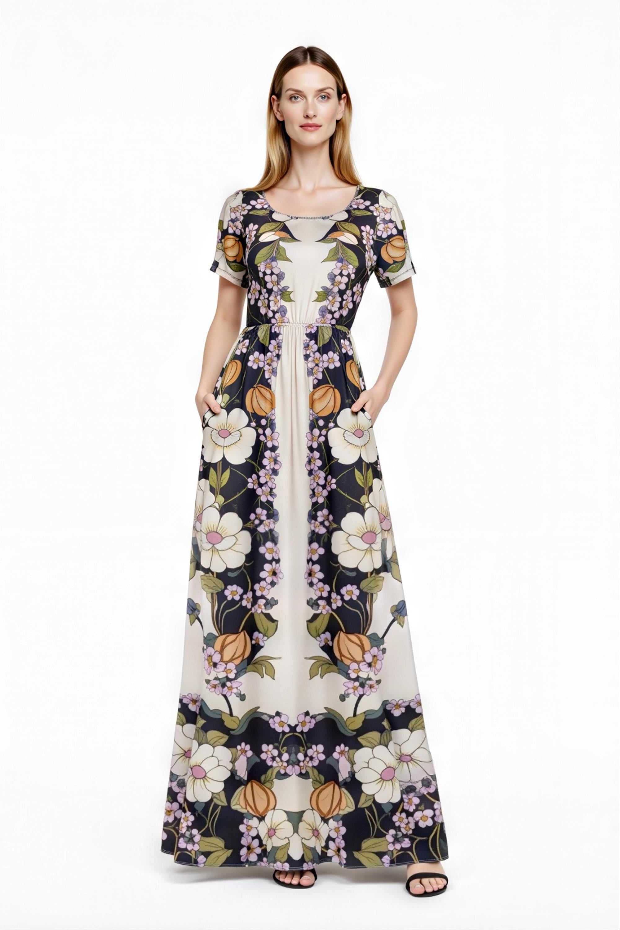 Vintage Floral Placement Print Maxi Dress, Ivory Black Elegant Long Dress __etsy:7981240189