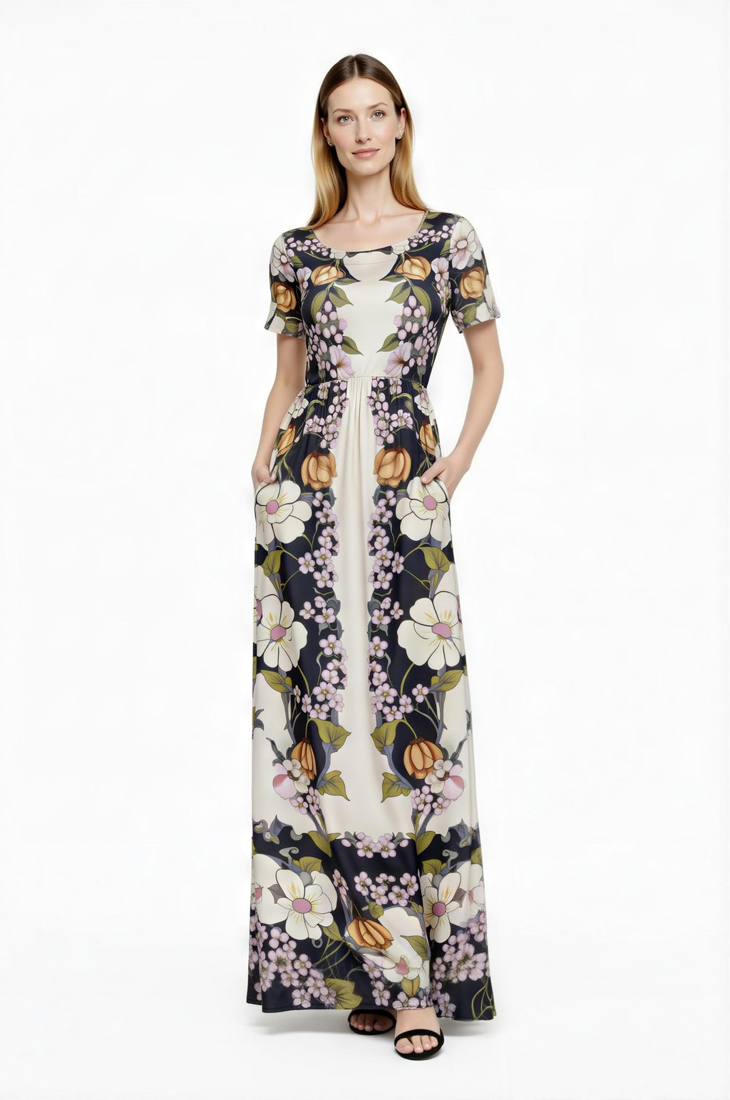 Vintage Floral Placement Print Maxi Dress, Ivory Black Elegant Long Dress __etsy:7981240197