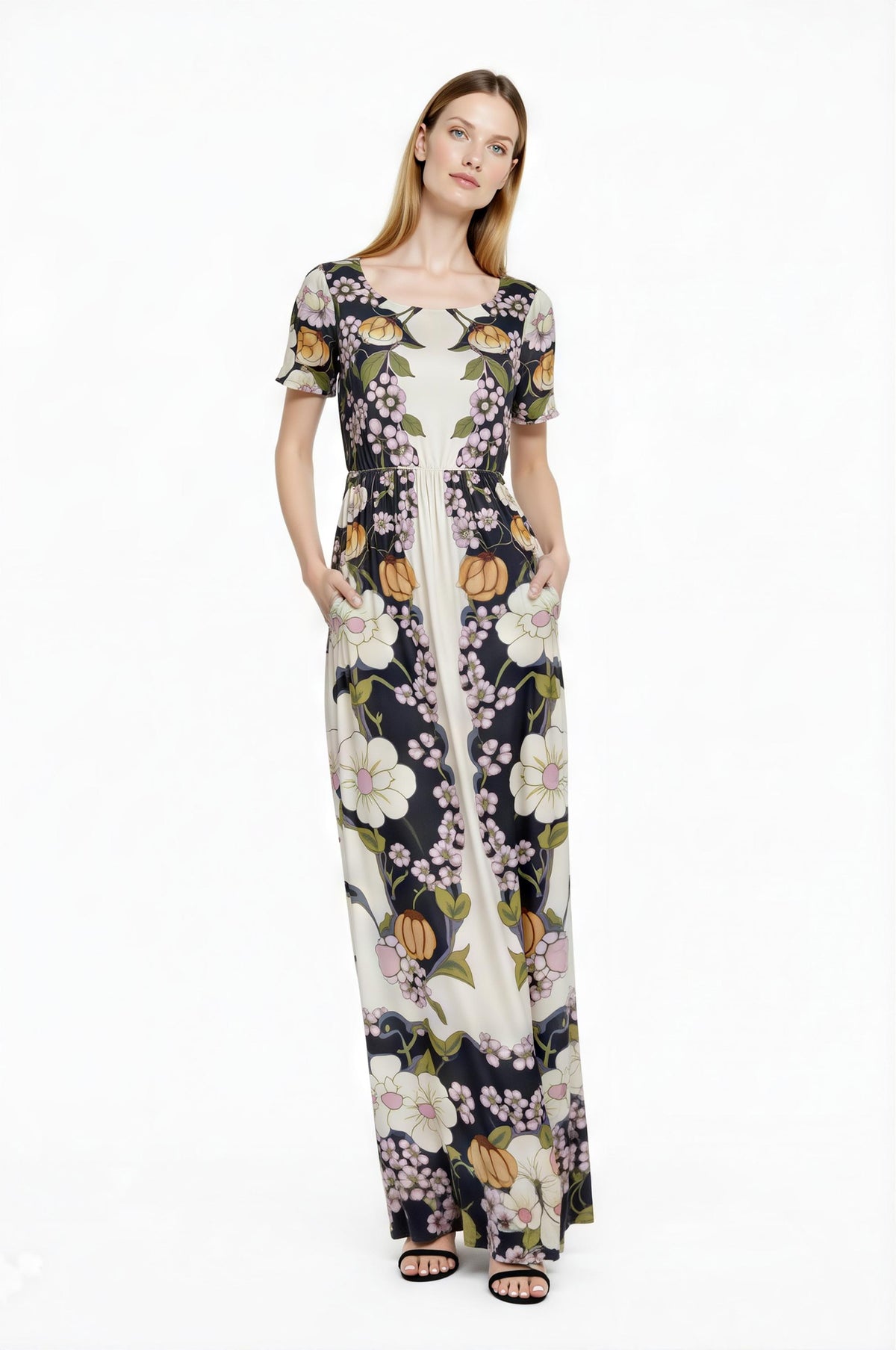 Vintage Floral Placement Print Maxi Dress, Ivory Black Elegant Long Dress __etsy:7981240257