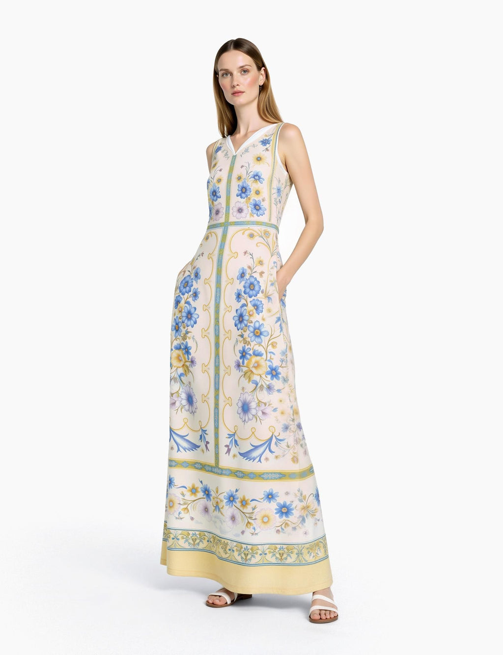 Floral Maxi Dress, Vintage Scarf Print, Sleeveless A-Line with Pockets __etsy:7982475276