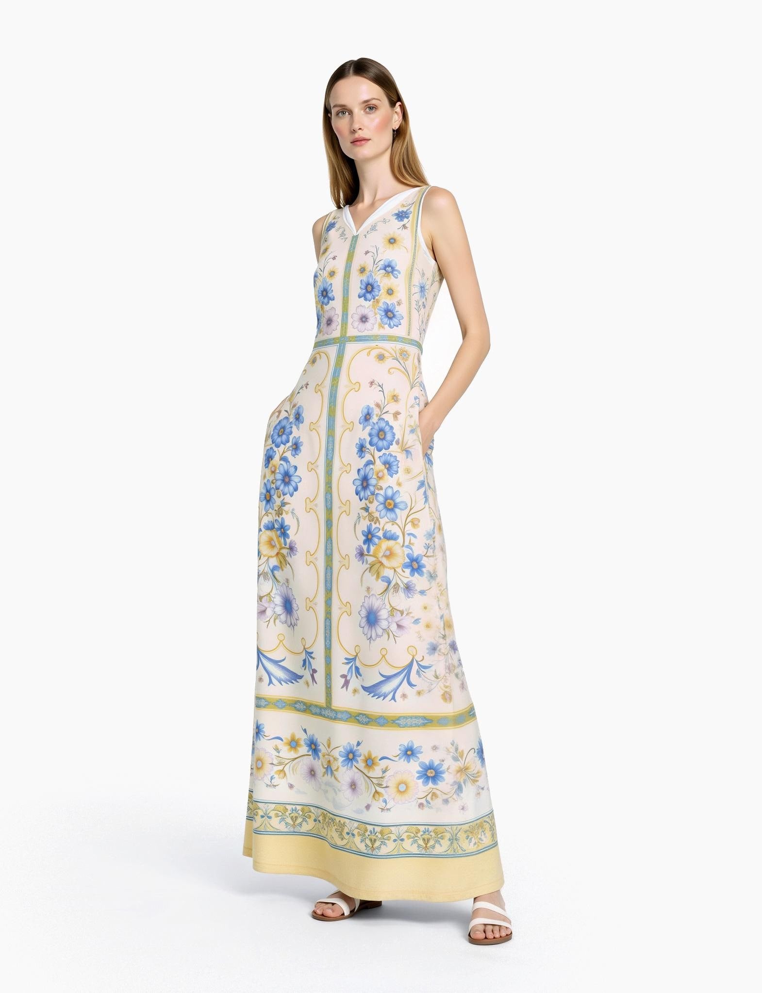 Floral Maxi Dress, Vintage Scarf Print, Sleeveless A-Line with Pockets __etsy:7982475276