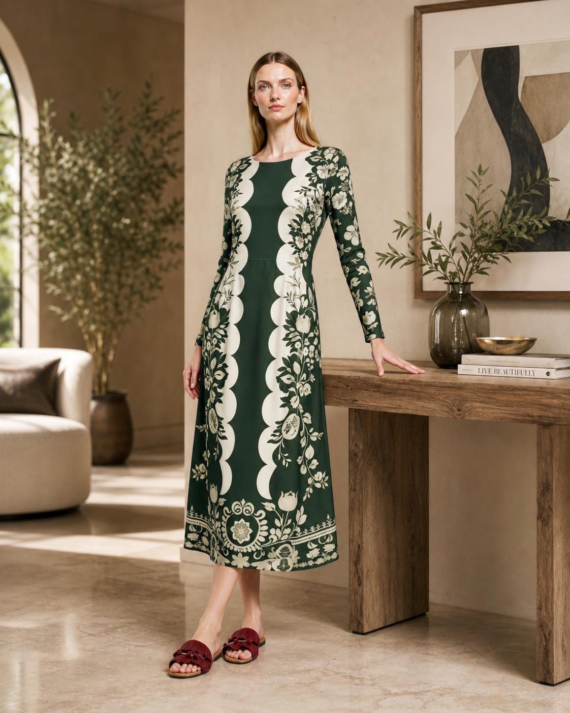 Green Floral Midi Dress with Long Sleeves and Side Pockets A-Line Silhouette __etsy:7983291584