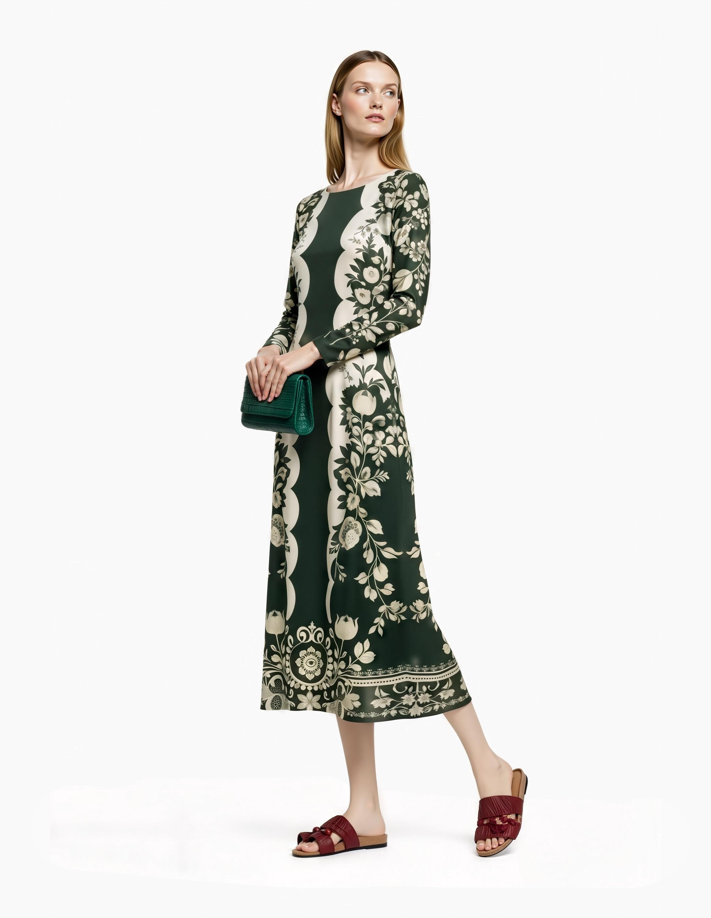 Green Floral Midi Dress with Long Sleeves and Side Pockets A-Line Silhouette __etsy:7983294294