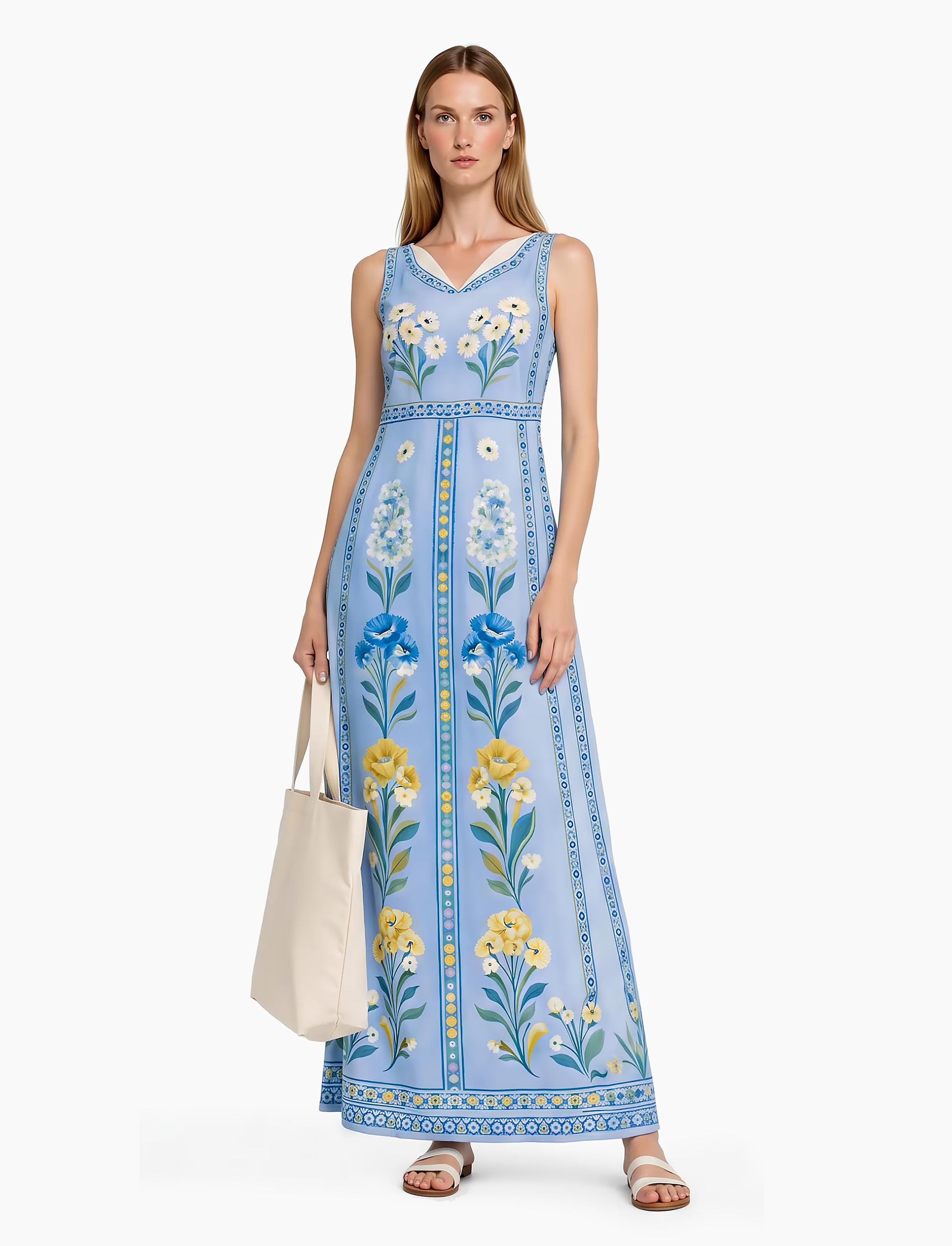 Blue Floral Maxi Dress, Sleeveless Boho Summer Resort Wear