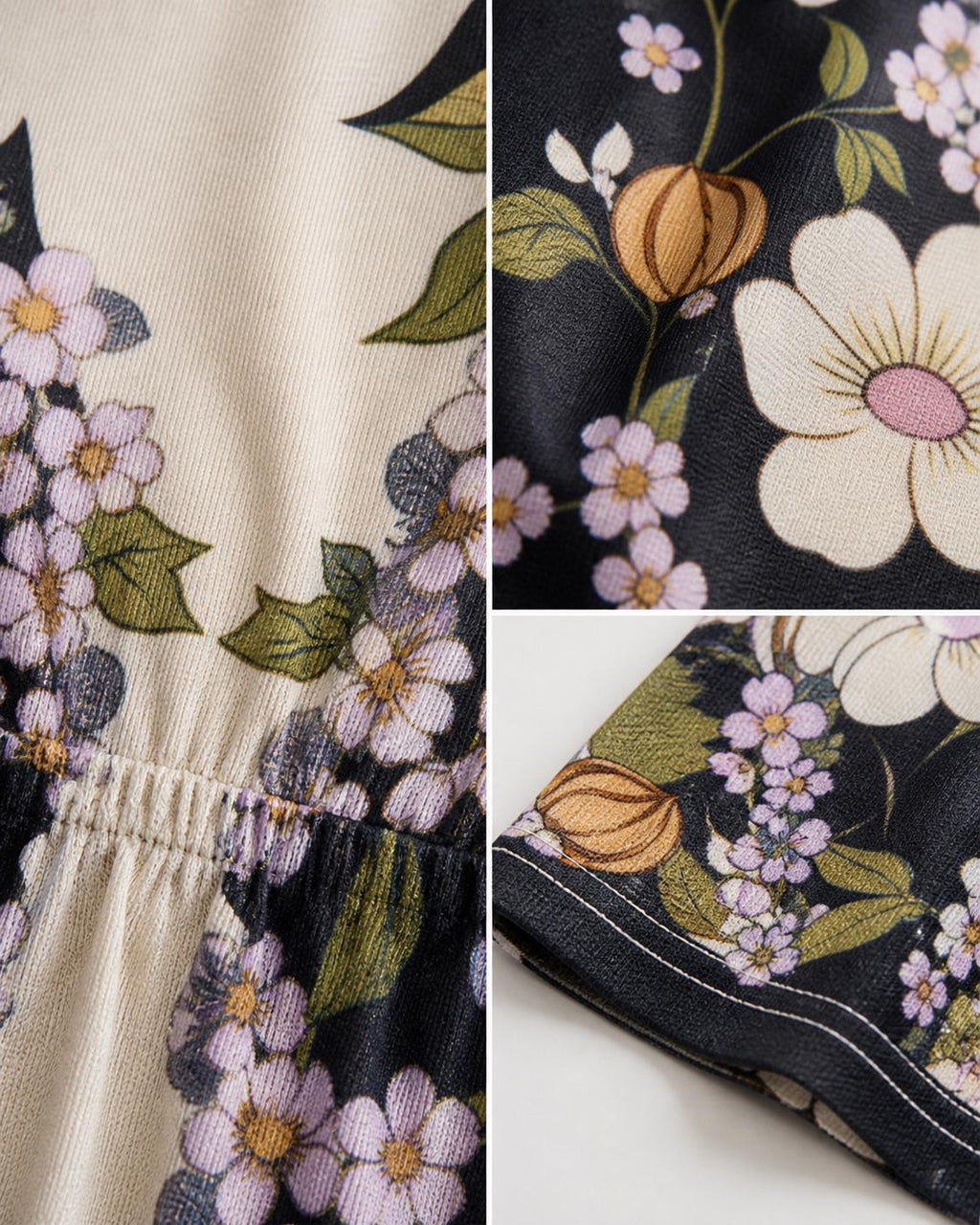 Vintage Floral Placement Print Maxi Dress, Ivory Black Elegant Long Dress __etsy:7983842516