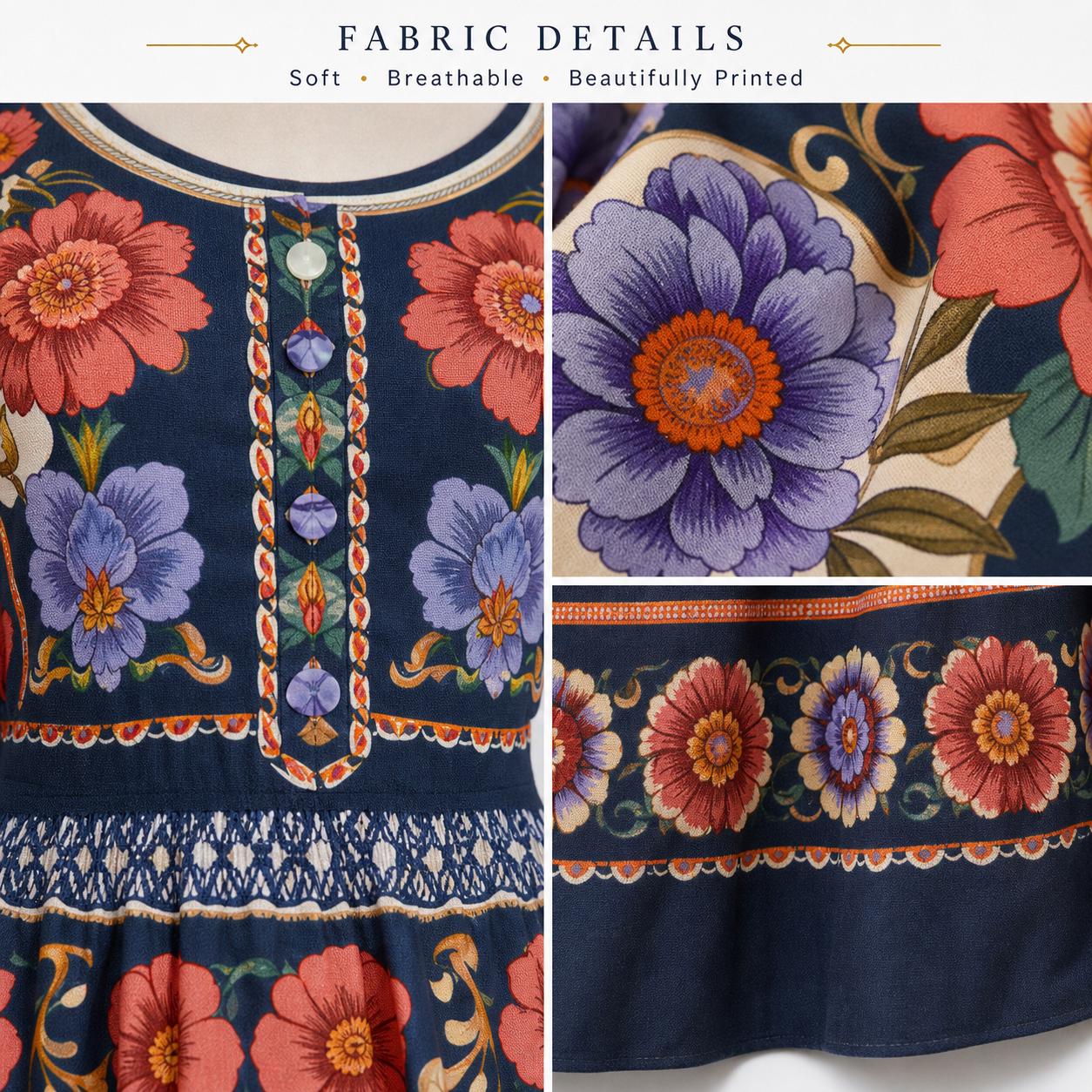 Navy Floral Maxi Dress with Short Sleeves and Side Pockets A-Line Silhouette __etsy:7983870014