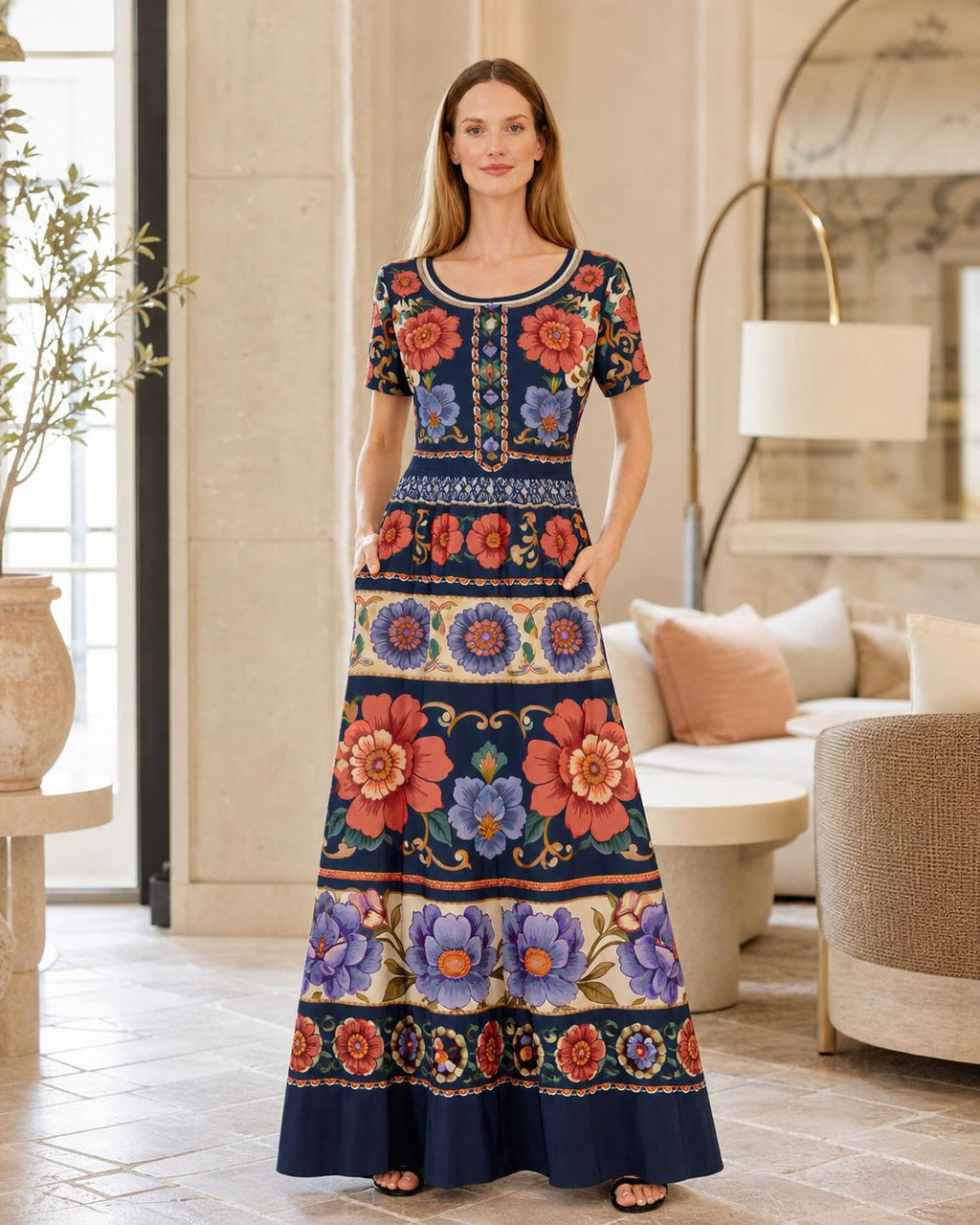 Navy Floral Maxi Dress with Short Sleeves and Side Pockets A-Line Silhouette __etsy:7983872812