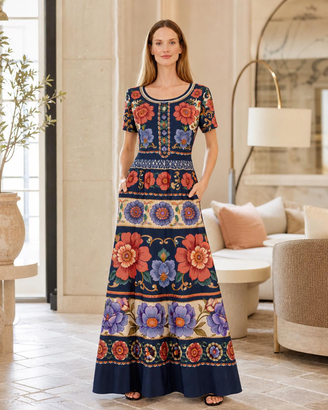 Navy Floral Maxi Dress with Short Sleeves and Side Pockets A-Line Silhouette __etsy:7983872812